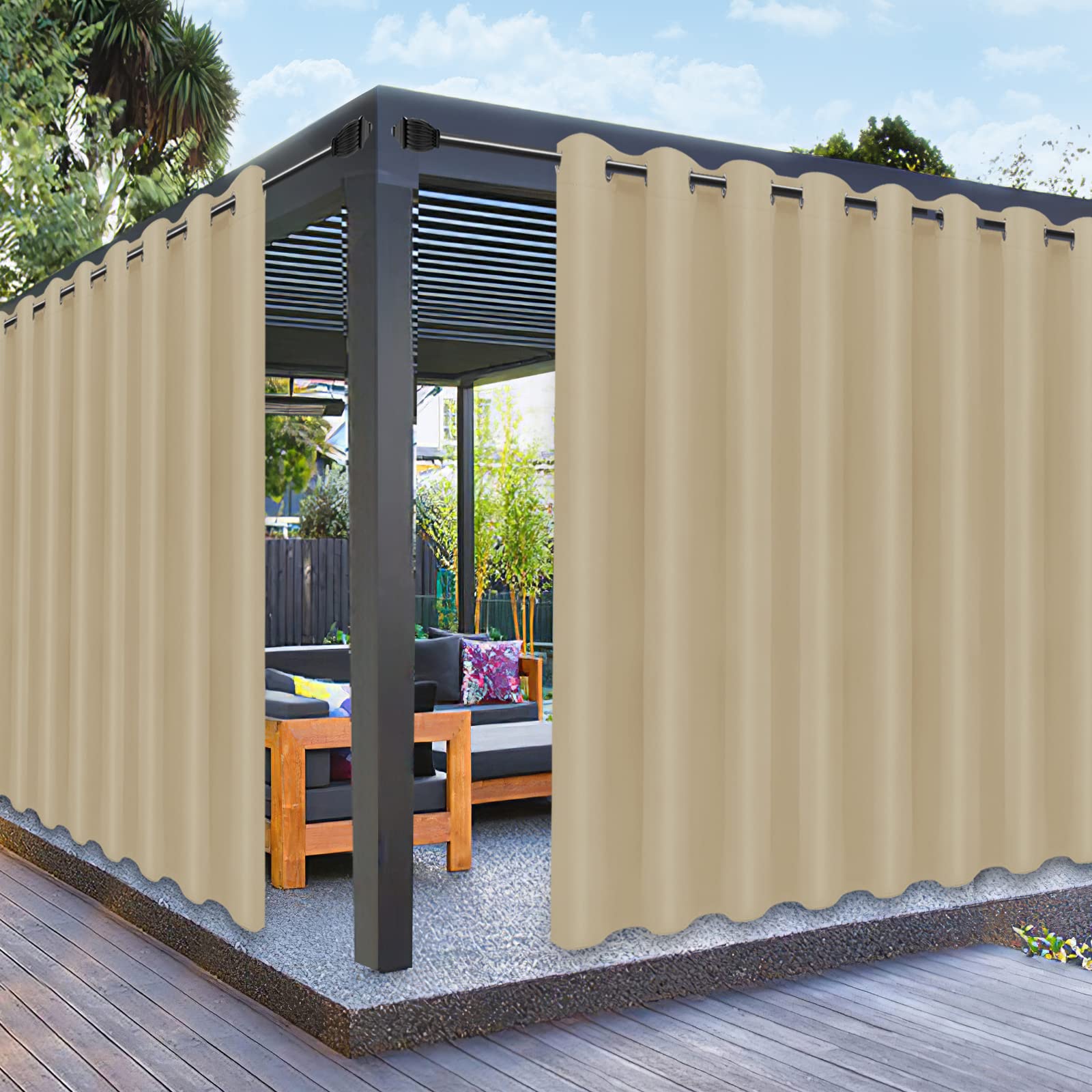 PureFit Outdoor Curtains for Patio Waterproof Weatherproof, UV Resistant Outside Curtains for Gazebo, Front Porch, Pergola, Sun Blocking Privacy Curtain, 52W x 95L inch, Set of 2, Beige