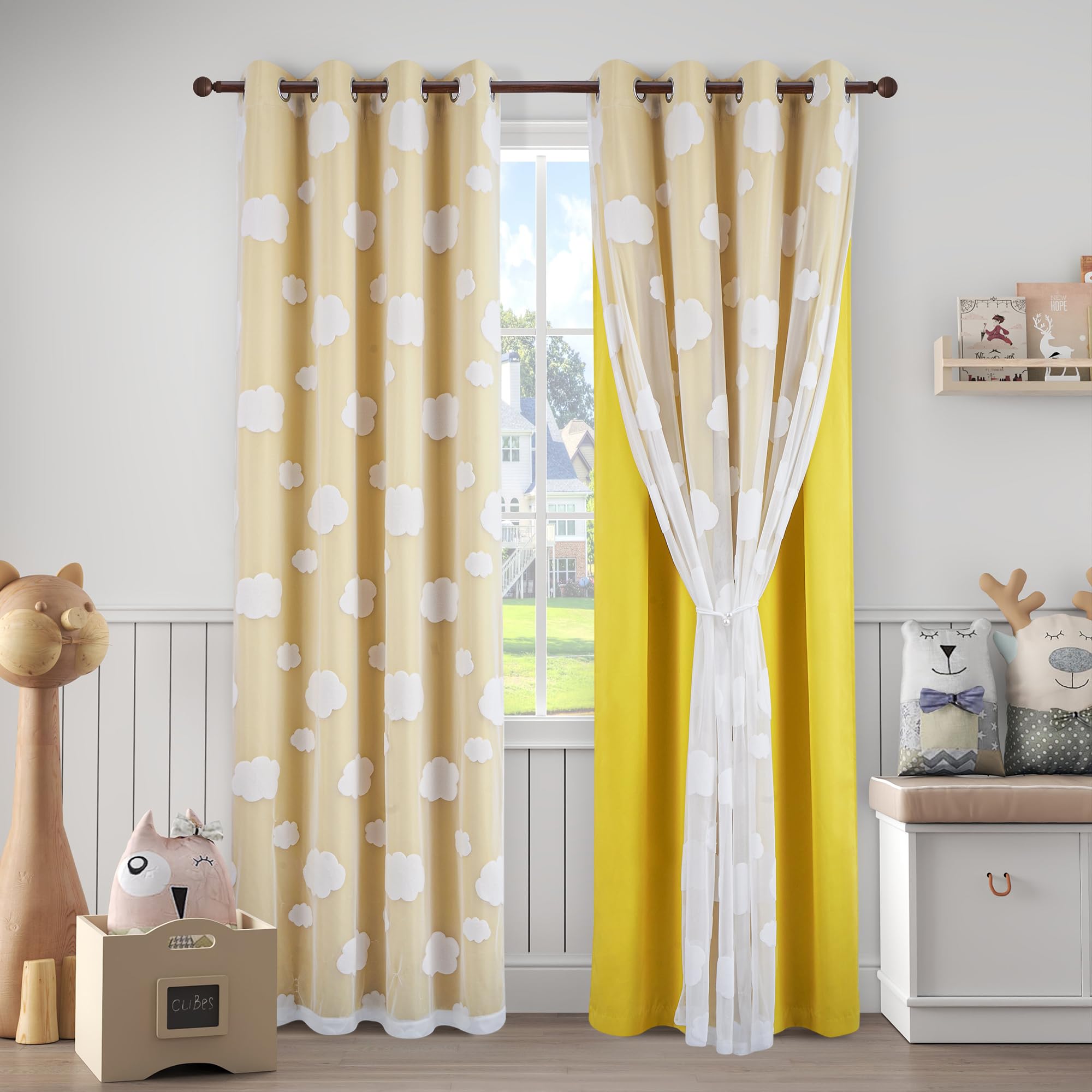 Beige Light Blocking Curtains with Sheer Overlay for Living Room Mix and Match Double Layer Window Panels 95 Inch for Bedroom Grommet Top, W52 X L95