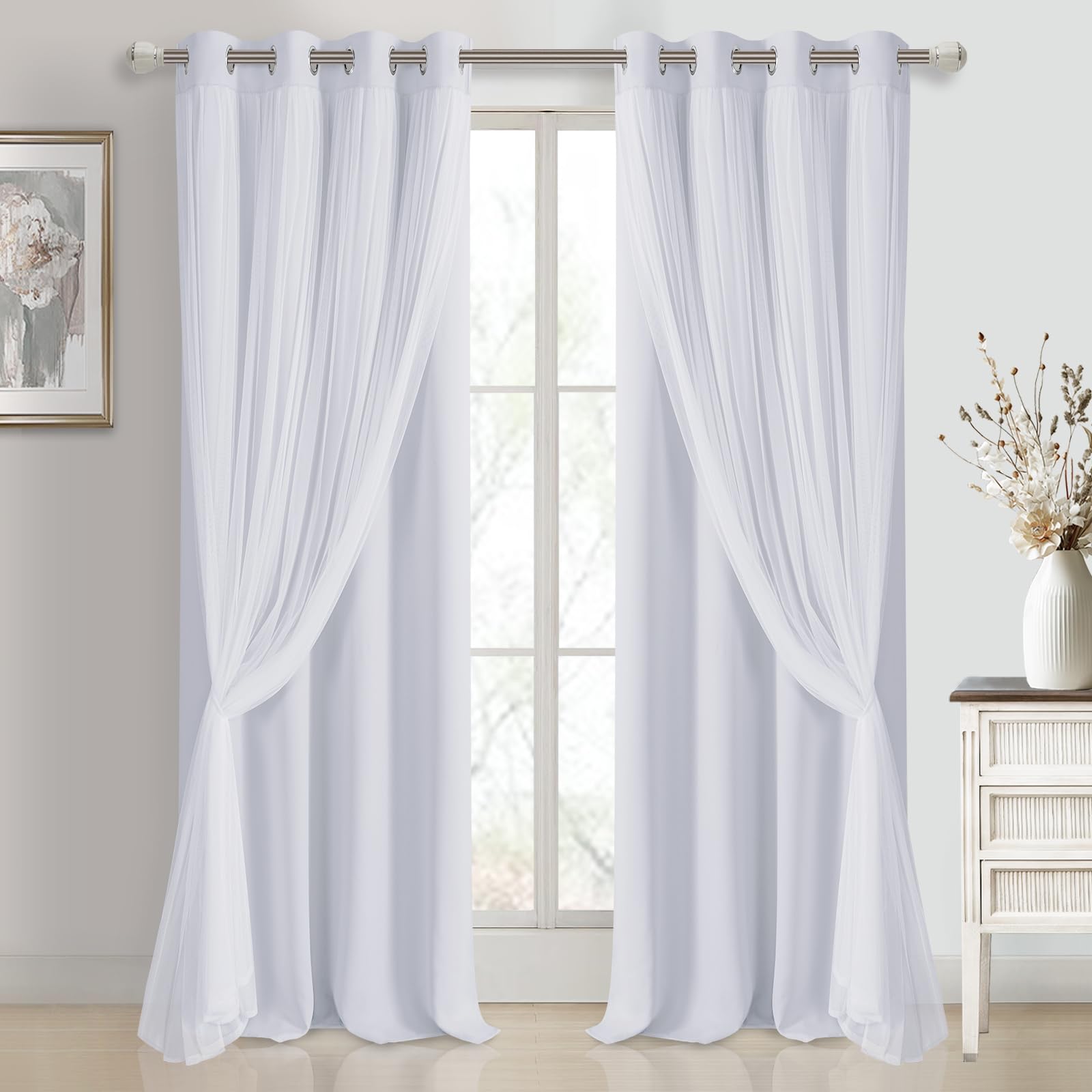 DWCN White Blackout Curtains with Sheer Overlay Thermal Insulated Mix & Match Double Layer Window Panels for Bedroom Living Room Drape Sewn with Tiebacks Grommet Top 52" Wx84 Lx2