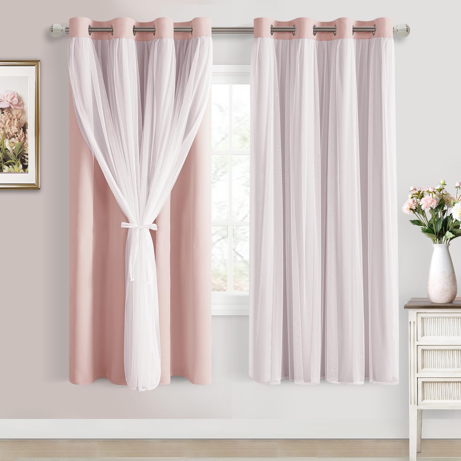 DWCN White Blackout Curtains with Sheer Overlay Thermal Insulated Mix & Match Double Layer Window Panels for Bedroom Living Room Drape Sewn with Tiebacks Grommet Top 52" Wx84 Lx2