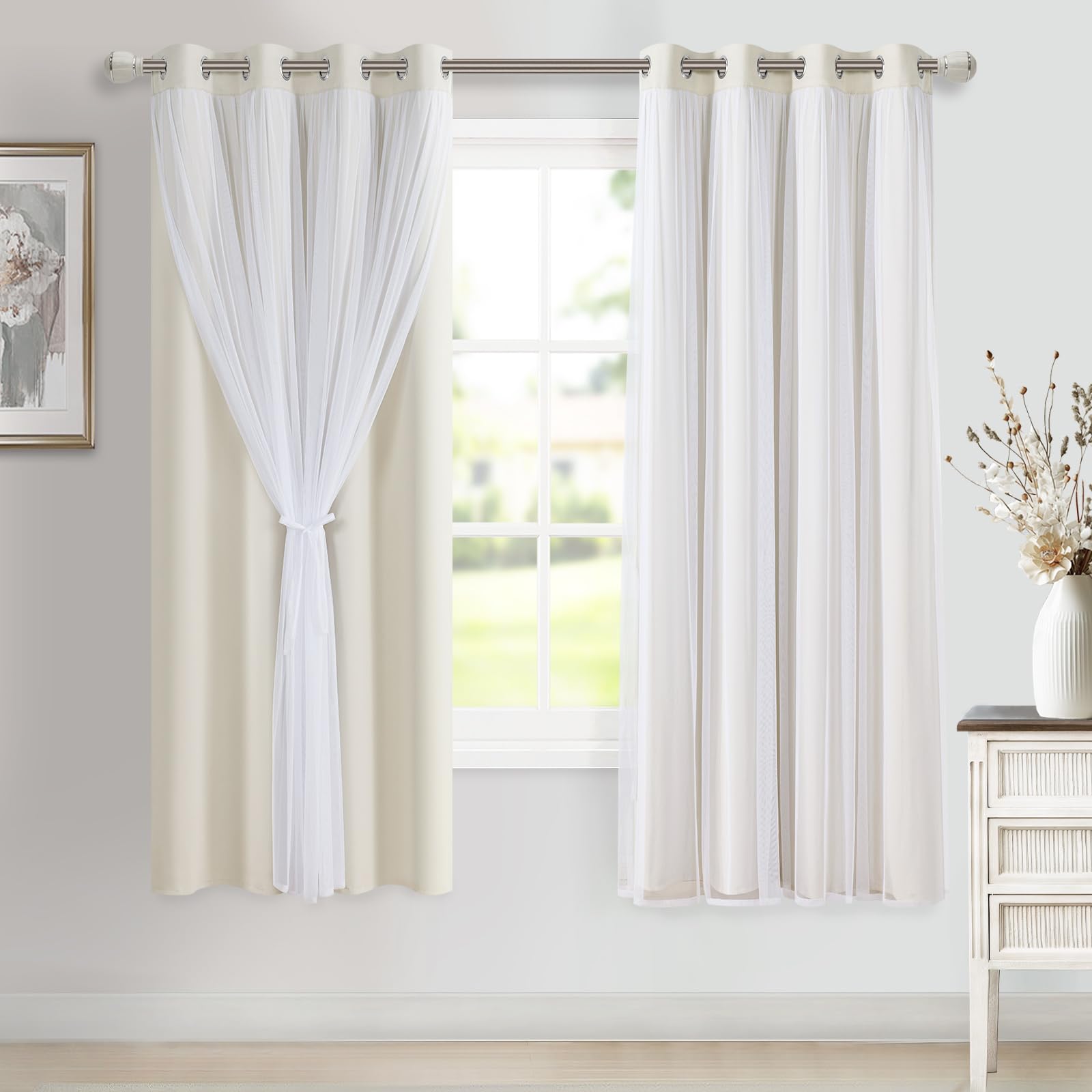DWCN White Blackout Curtains with Sheer Overlay Thermal Insulated Mix & Match Double Layer Window Panels for Bedroom Living Room Drape Sewn with Tiebacks Grommet Top 52" Wx84 Lx2