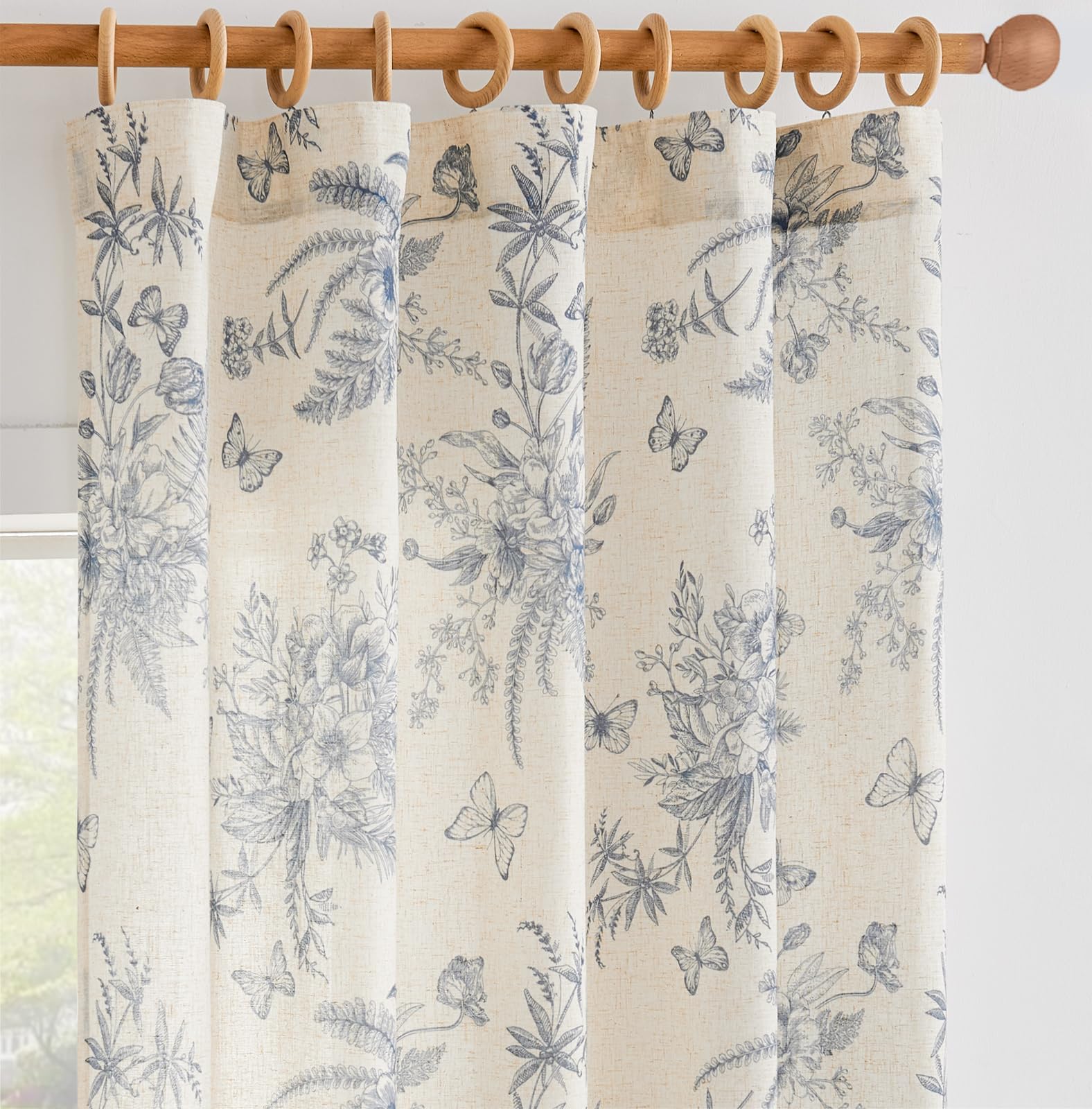 jinchan Floral Linen Curtains for Living Room - 63 Inch Length Butterfly Taupe Floral Curtains - French Country Farmhouse Flower Patterned Drapes - Back Tab Rod Pocket Set - 2 Panels