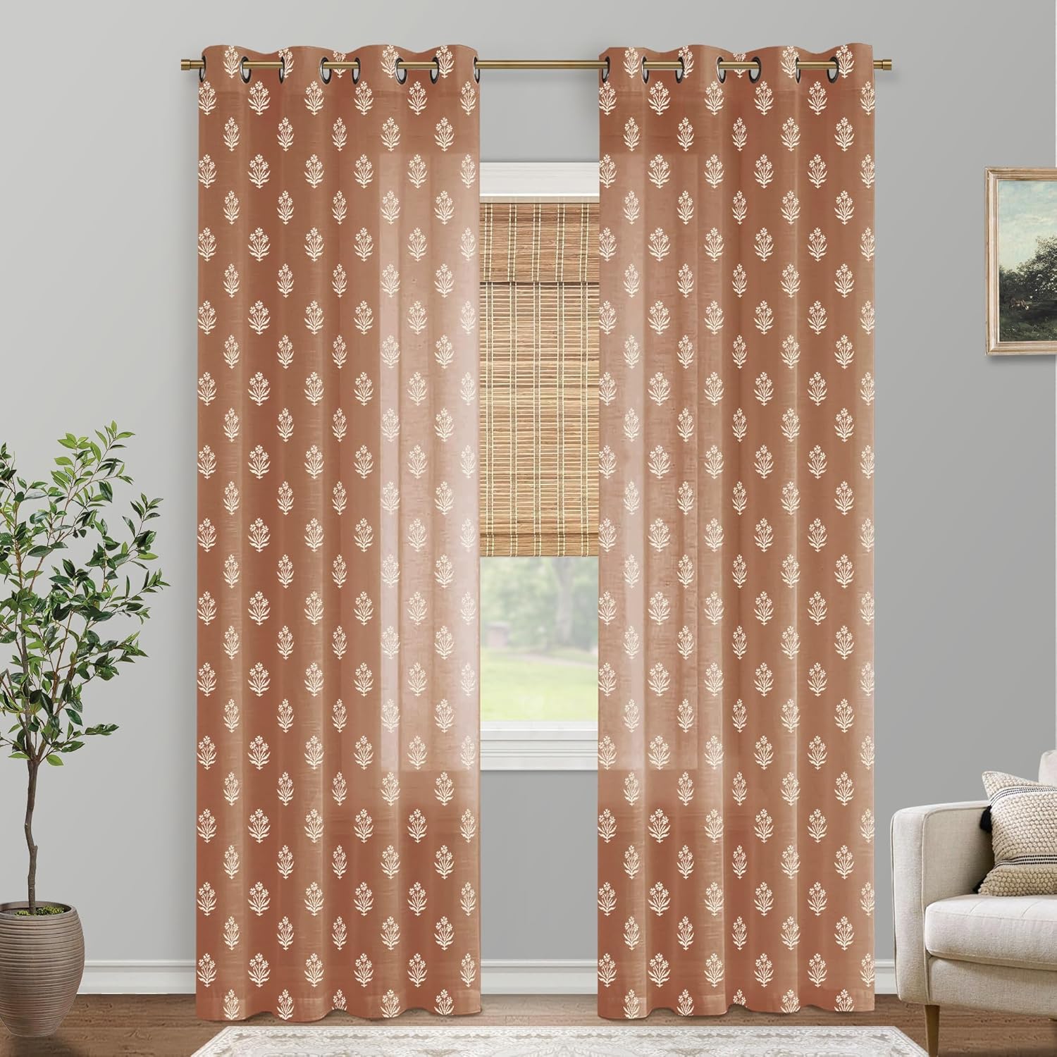 Vintage Patterned Curtains 96 Inches Long for Living Room 2 Panel Set,Pattern Sheer Floral Farmhouse Boho Hippie Aztec Fall Linen Decorative Curtains for Bedroom,Terra Cotta Rust Burnt Orange