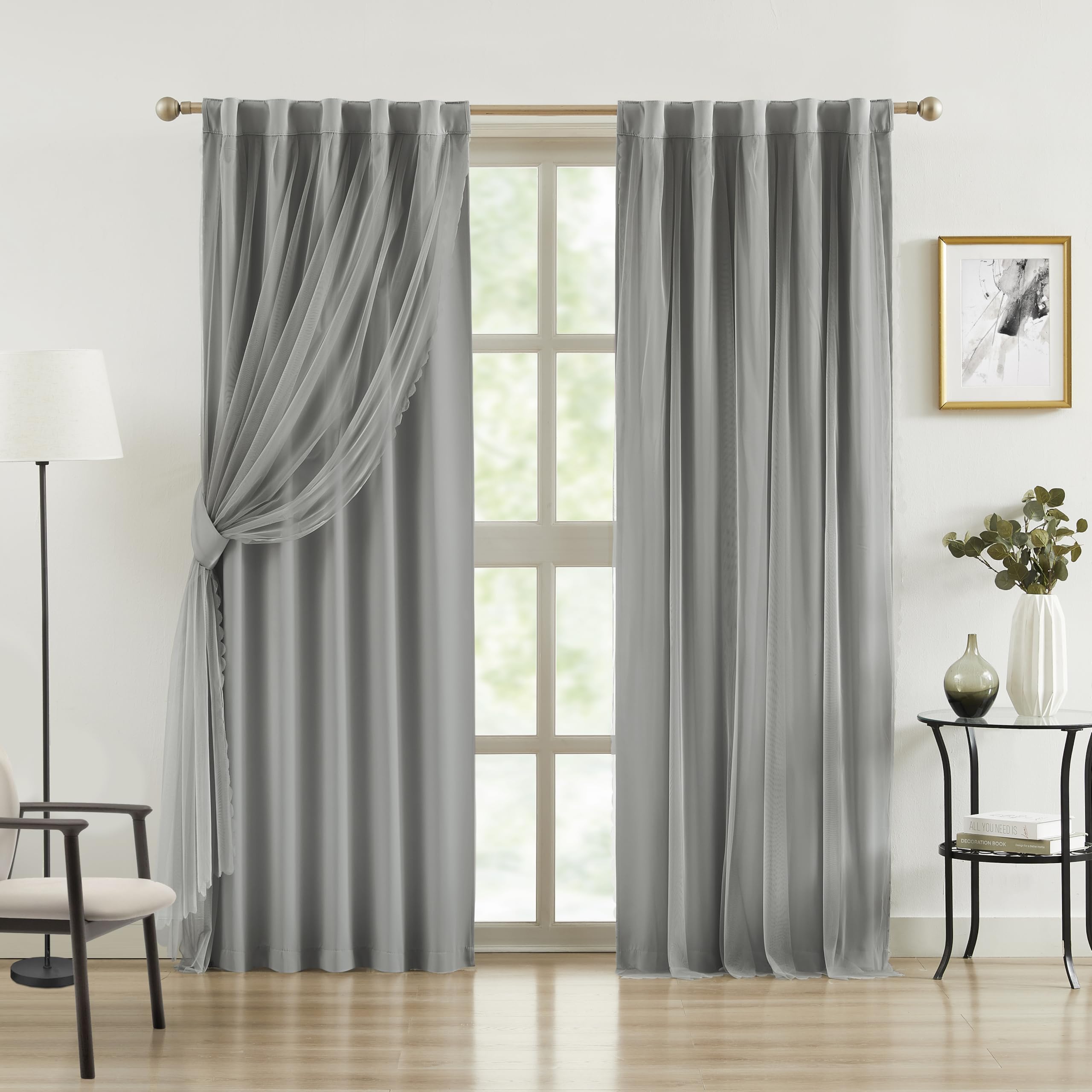 Bujasso Beige 80% Blackout Curtains with Sheer Overlay Mix and Match Double Layer Thermal Insulated Window Panels 84 inch for Bedroom Beige Drapes with Tiebacks Rod Pocket Back Tab 37" Wx84 Lx2