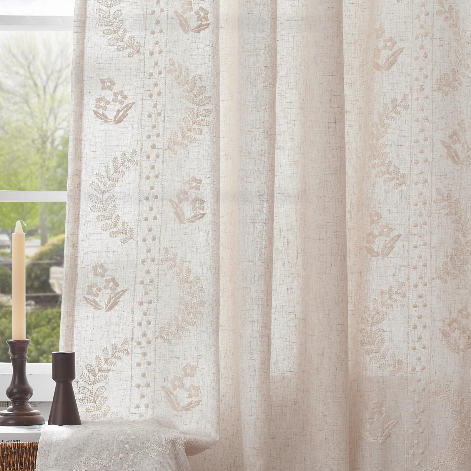 jinchan Belrose Linen Curtains for Bedroom Floral Curtains 84 Inch Length Linen Blend Ivory Embroidered Drapes Farmhouse Flower Patterned Drapes for Living Room Window Treatments Set 2 Panels