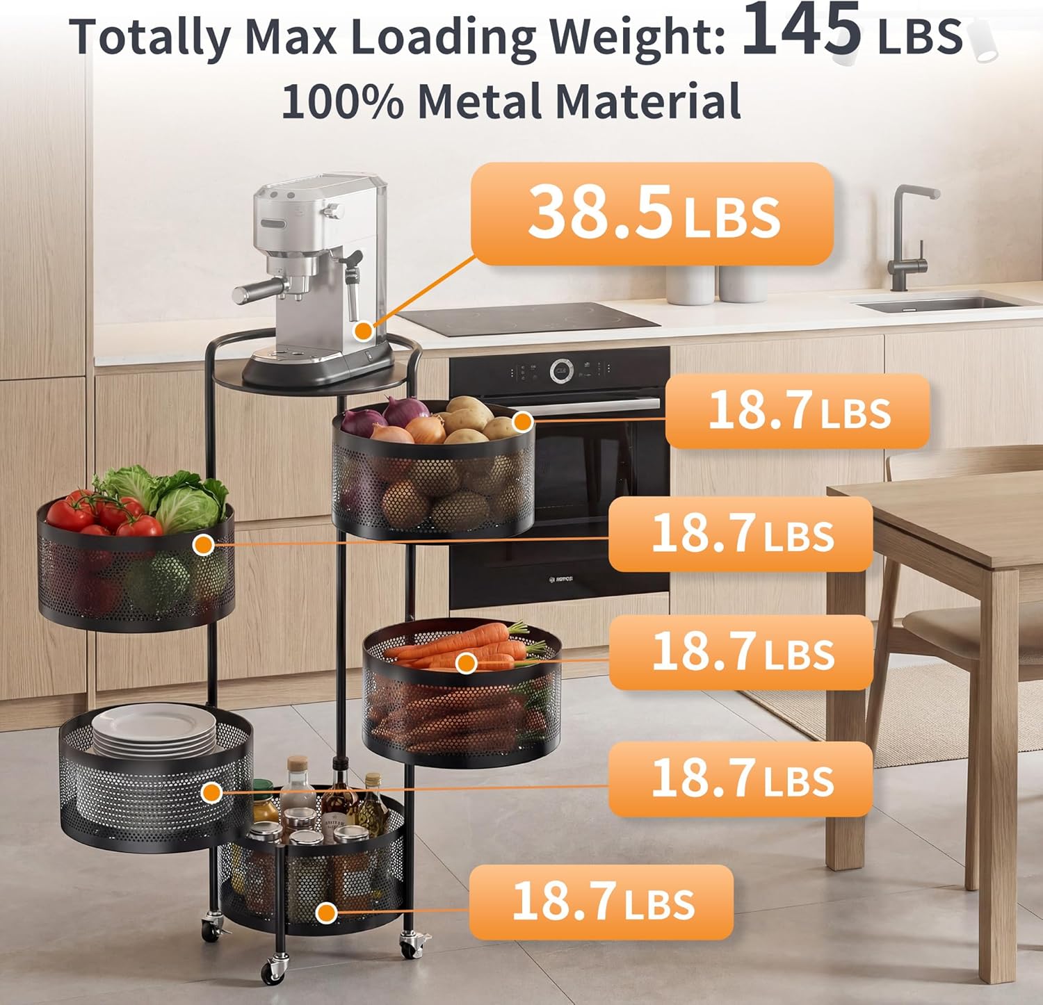 Rotating Fruit Basket, 5-Tier Metal Sturdy Kitchen Storage Rack Shelf Carts No Assembly on Rolling Wheels for Fruit Vegetable Grocery Corns Potato Onion (5-Tier, Black)