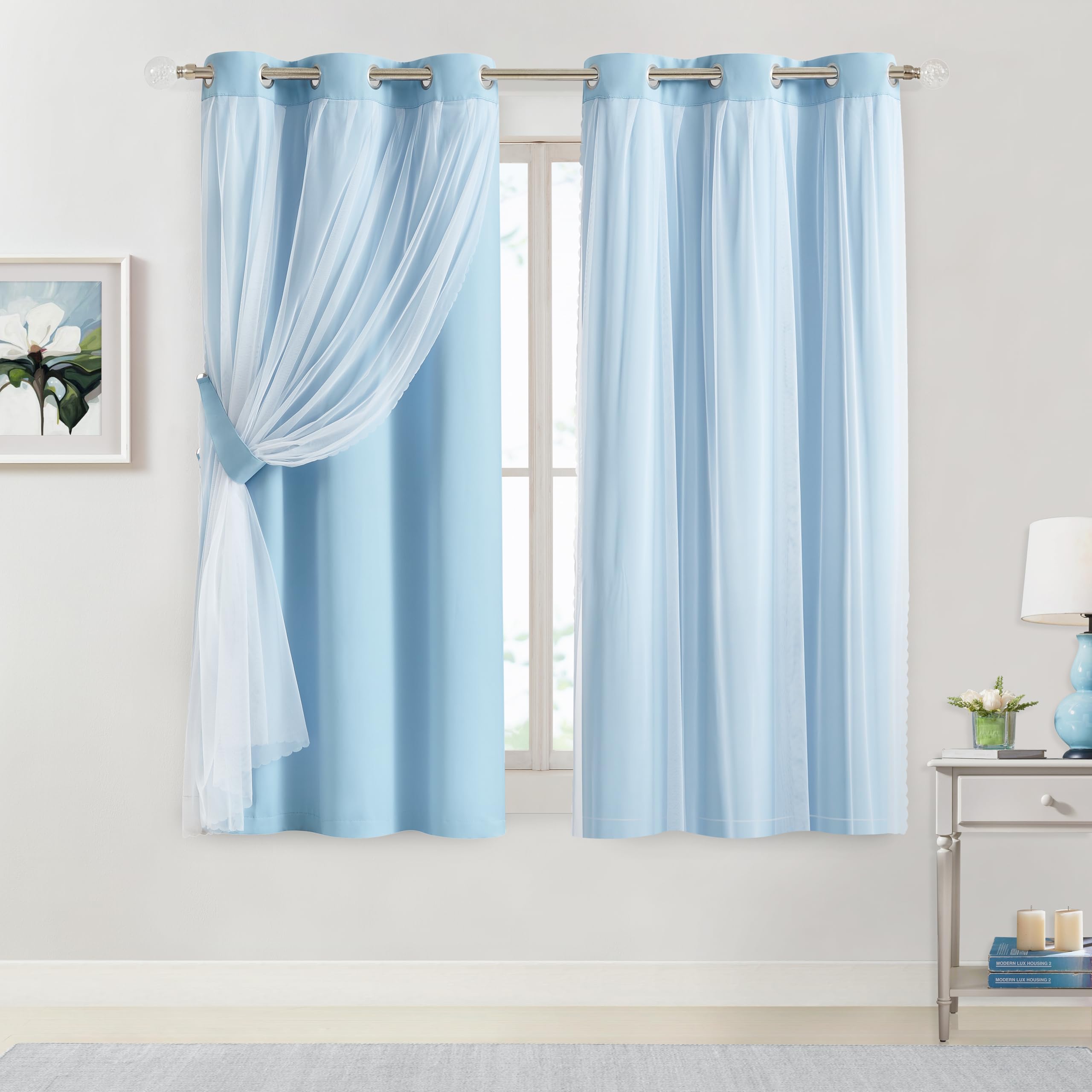 Bujasso Beige 90% Blackout Curtains with Sheer Overlay Mix and Match Double Layer Thermal Insulated Window Panels 84 inch for Living Room Bedroom Beige Drapes with Tiebacks Grommet Top 37" Wx84 Lx2