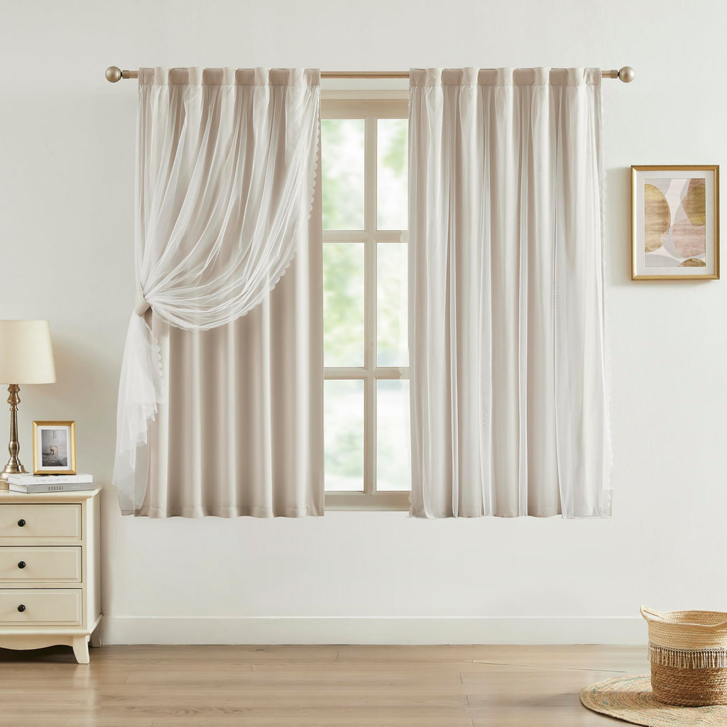 Bujasso Beige 80% Blackout Curtains with Sheer Overlay Mix and Match Double Layer Thermal Insulated Window Panels 84 inch for Bedroom Beige Drapes with Tiebacks Rod Pocket Back Tab 37" Wx84 Lx2
