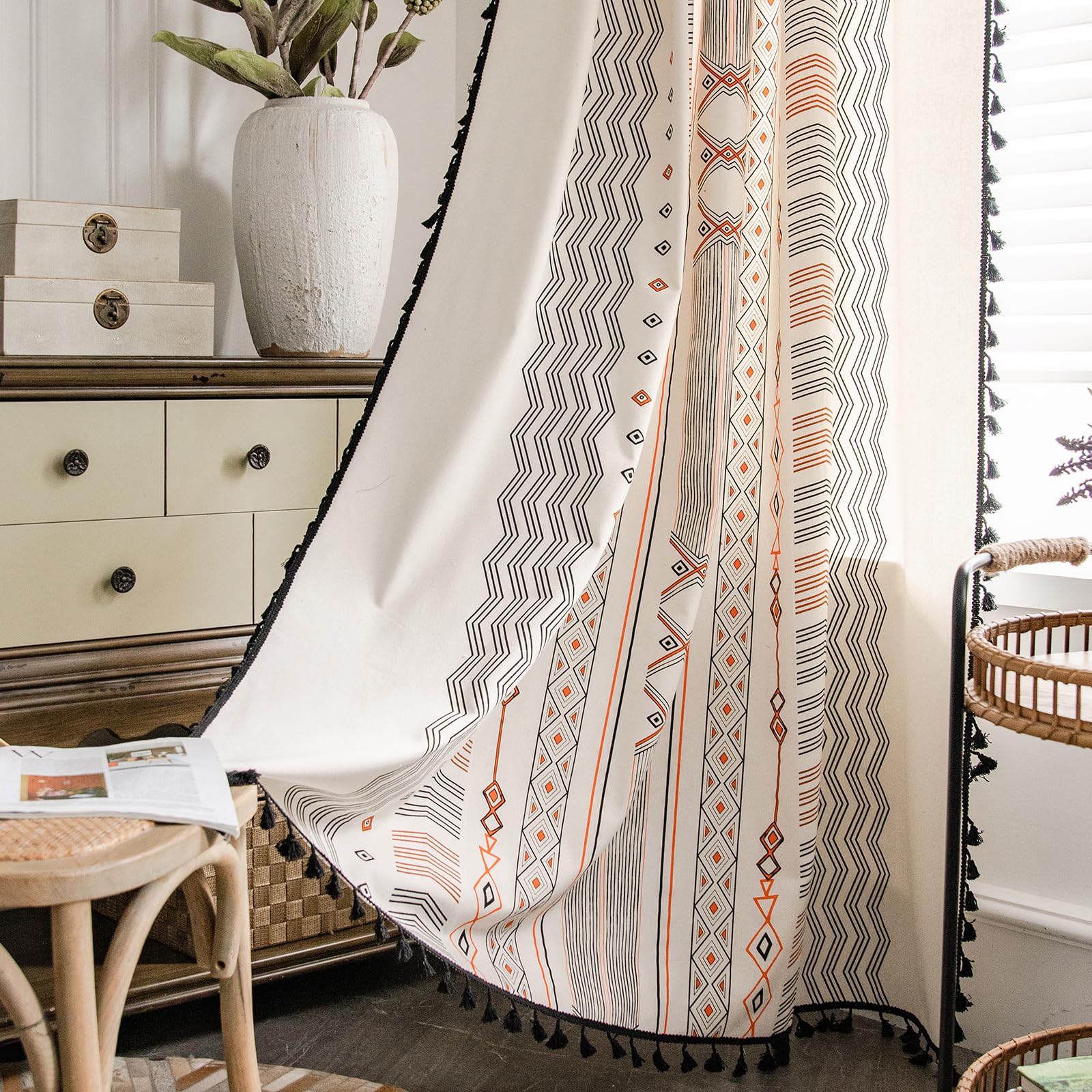 ColorBird Boho Curtains 2 Panels Aztec Western Semi-Blackout Patterned Rod Pocket Window Treatment Decorative Drapes with Black Tassels for Living Bedroom Closet 63 inch Length