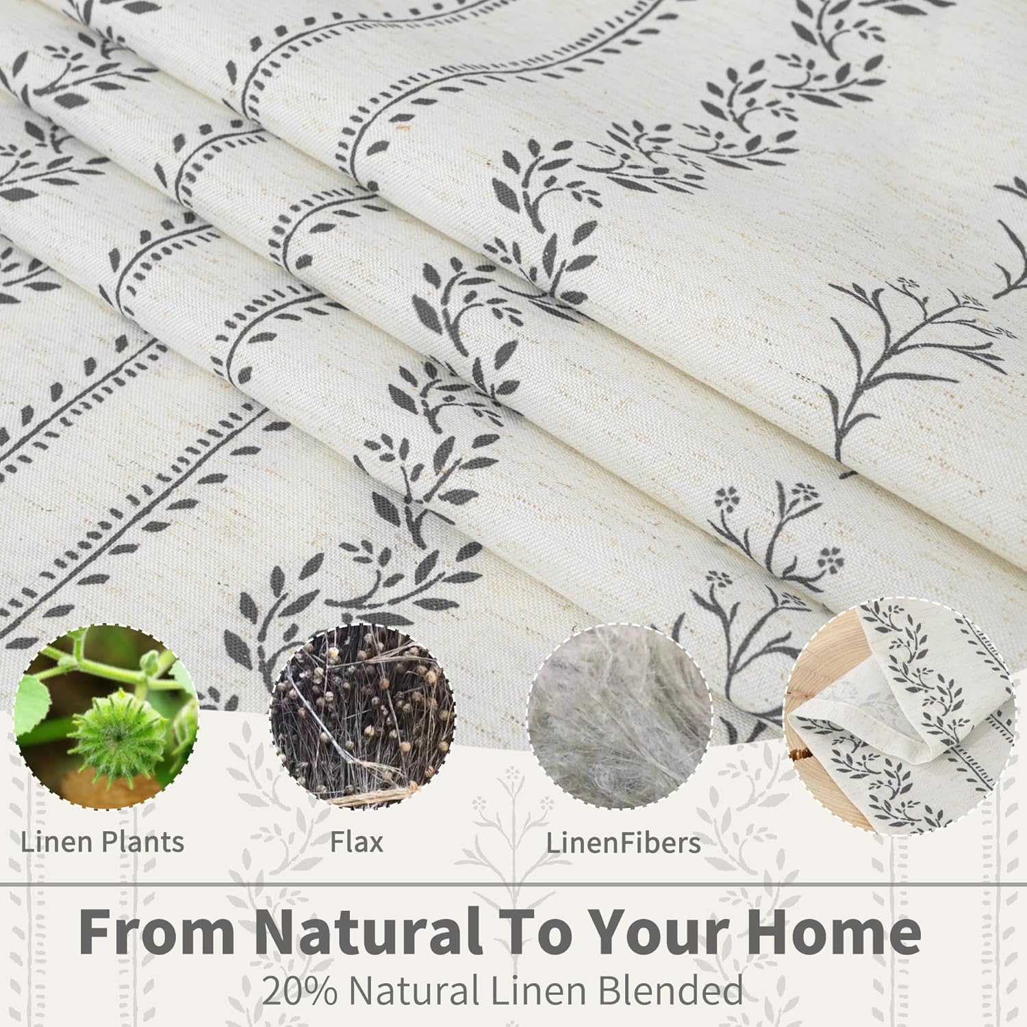 BGment Short Boho Curtains Leaf Floral Print Cottage Core Botanical Curtains for Bedroom Light Filtering Curtain 54 Inch Long for Farmhouse Rustic, Each 52 Inch Wide, 2 Panels Set, Dark Grey