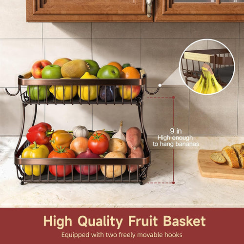 2 Tier Large Fruit Basket for Kitchen Counter with 2 Mobile Banana Hangers, 2026 Pro Detachable Metal Fruit Bowl with Wooden Handle (Brown, 2 Tier)