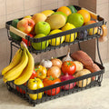 2 Tier Large Fruit Basket for Kitchen Counter with 2 Mobile Banana Hangers, 2026 Pro Detachable Metal Fruit Bowl with Wooden Handle (Brown, 2 Tier)