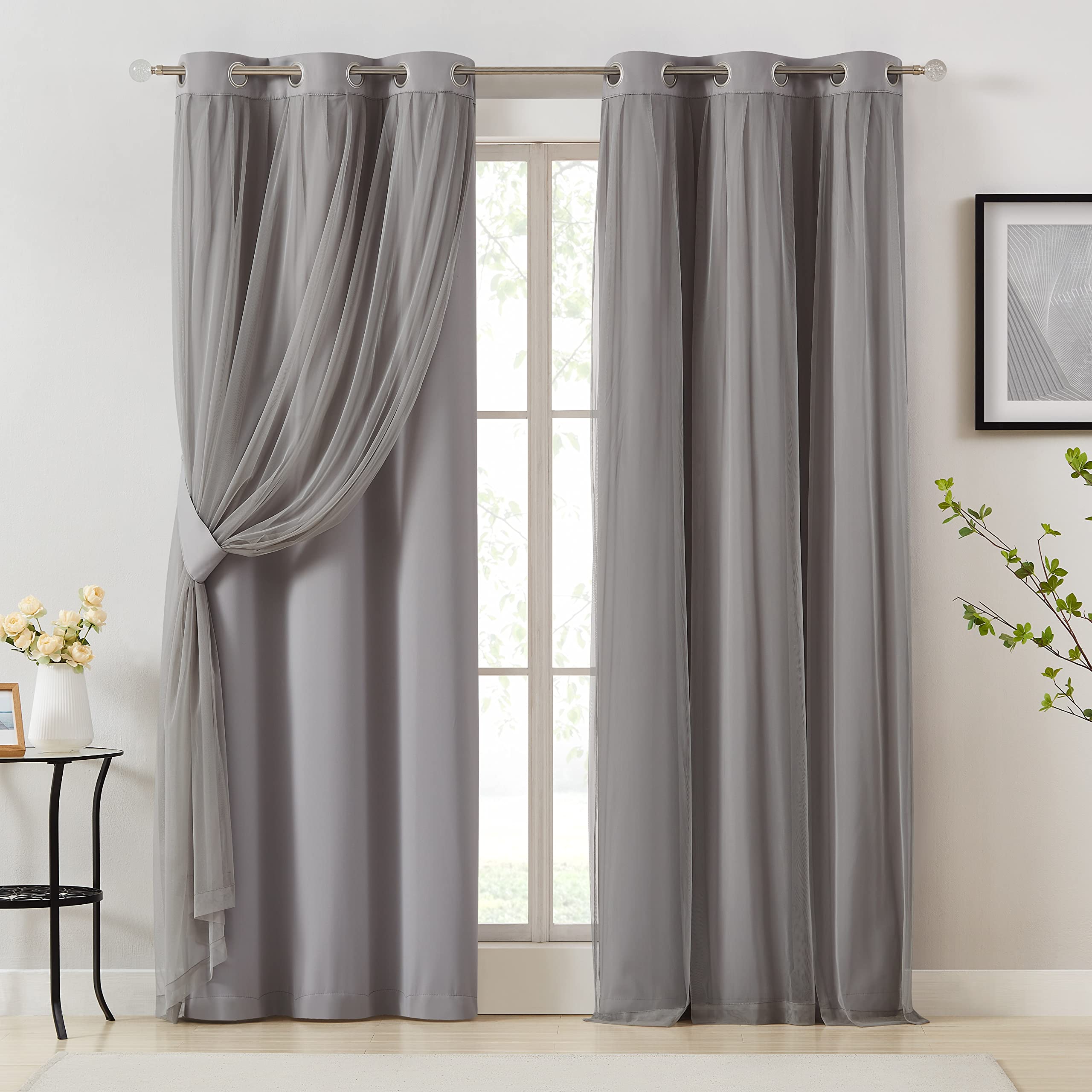 Bujasso Beige 80% Blackout Curtains with Sheer Overlay Mix and Match Double Layer Thermal Insulated Window Panels 95 inch for Living Room Bedroom Beige Drapes with Tiebacks Grommet Top 54" Wx95 Lx2