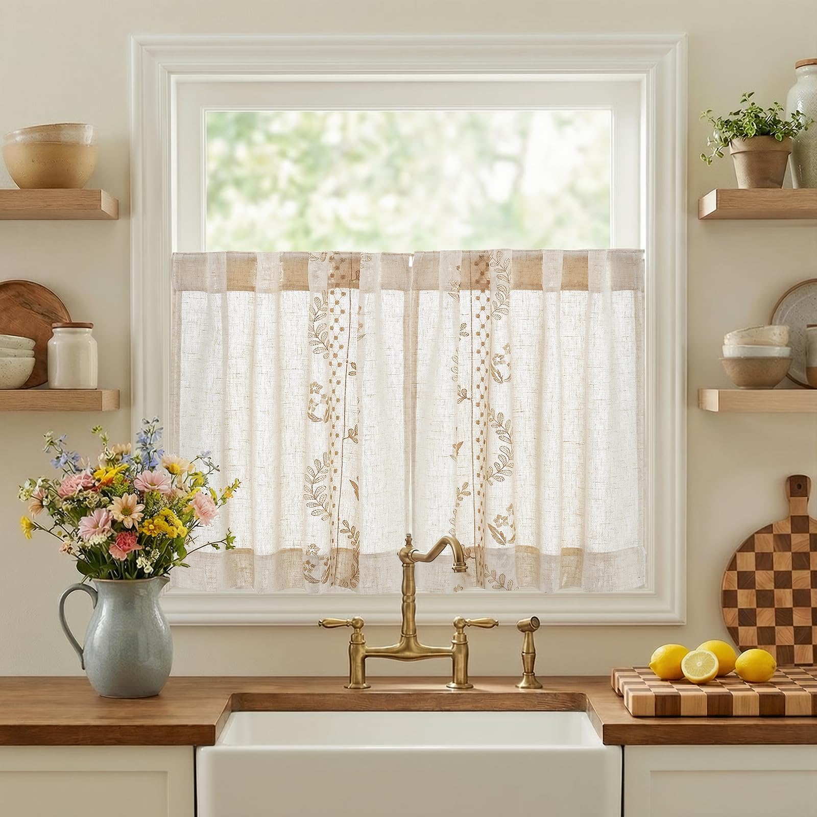 jinchan Belrose Linen Curtains for Bedroom Floral Curtains 84 Inch Length Linen Blend Ivory Embroidered Drapes Farmhouse Flower Patterned Drapes for Living Room Window Treatments Set 2 Panels
