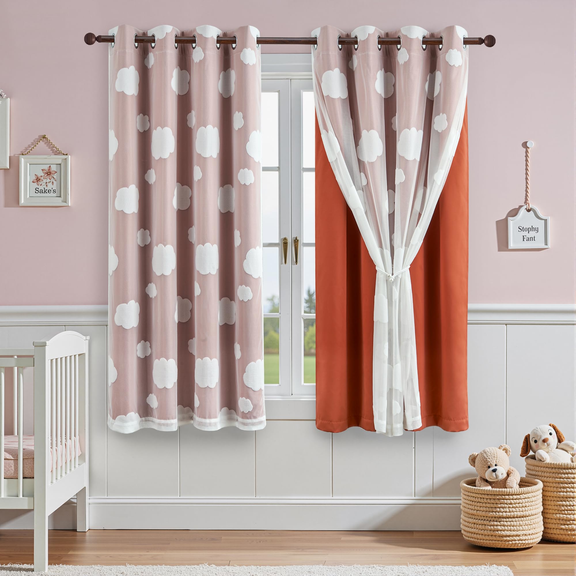 Beige Light Blocking Curtains with Sheer Overlay for Living Room Mix and Match Double Layer Window Panels 95 Inch for Bedroom Grommet Top, W52 X L95
