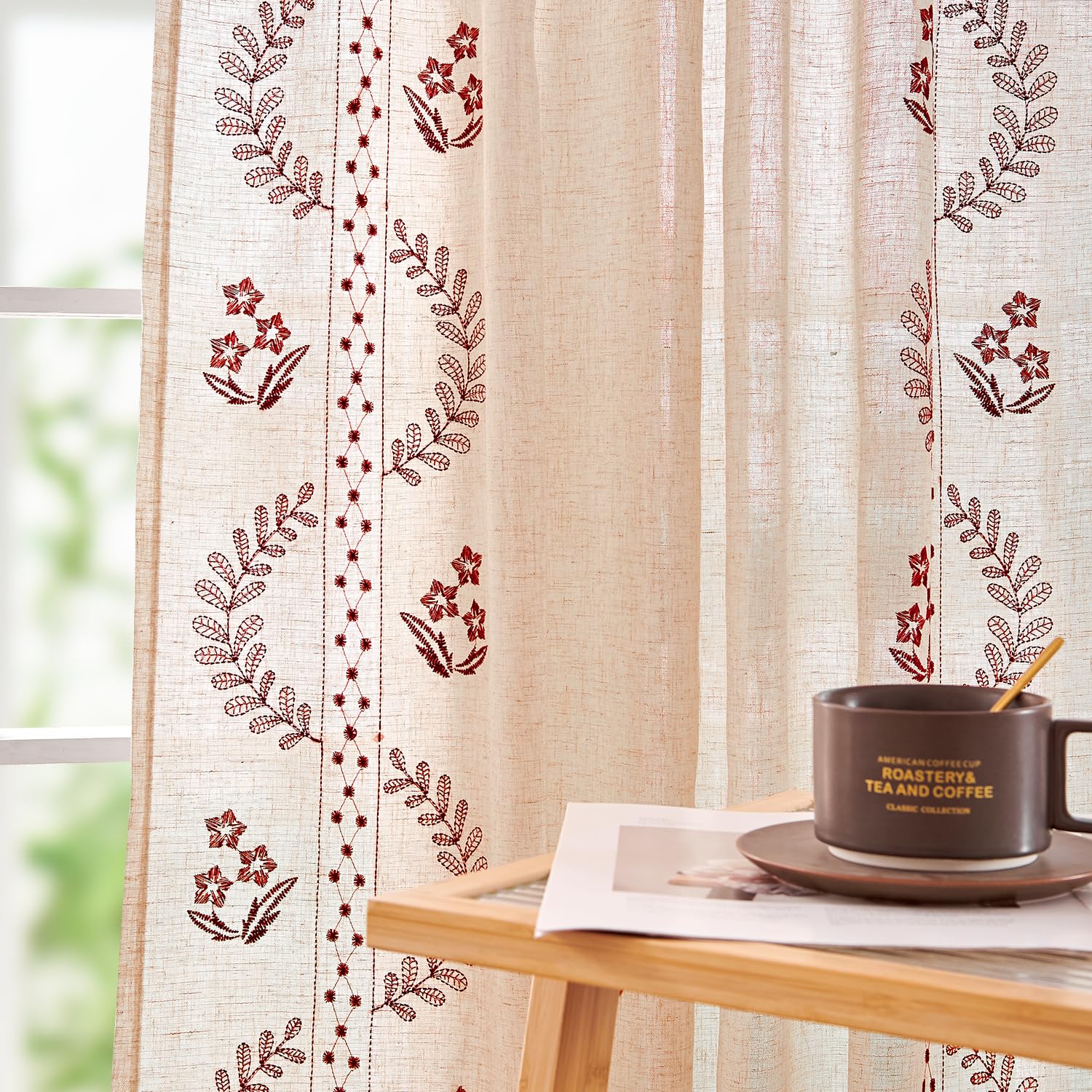 jinchan Belrose Linen Curtains for Bedroom Floral Curtains 84 Inch Length Linen Blend Ivory Embroidered Drapes Farmhouse Flower Patterned Drapes for Living Room Window Treatments Set 2 Panels