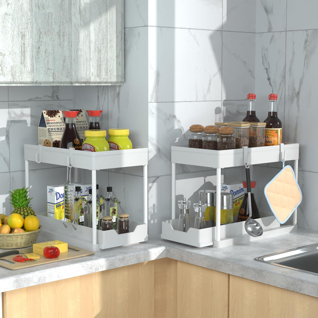 DEKAVA Cabinet, 2 Pack Under Sink Organizer, 2 Tier Sliding Bathroom Kitchen Organizer, Large White ABS Baskets, Easy Install & Clean