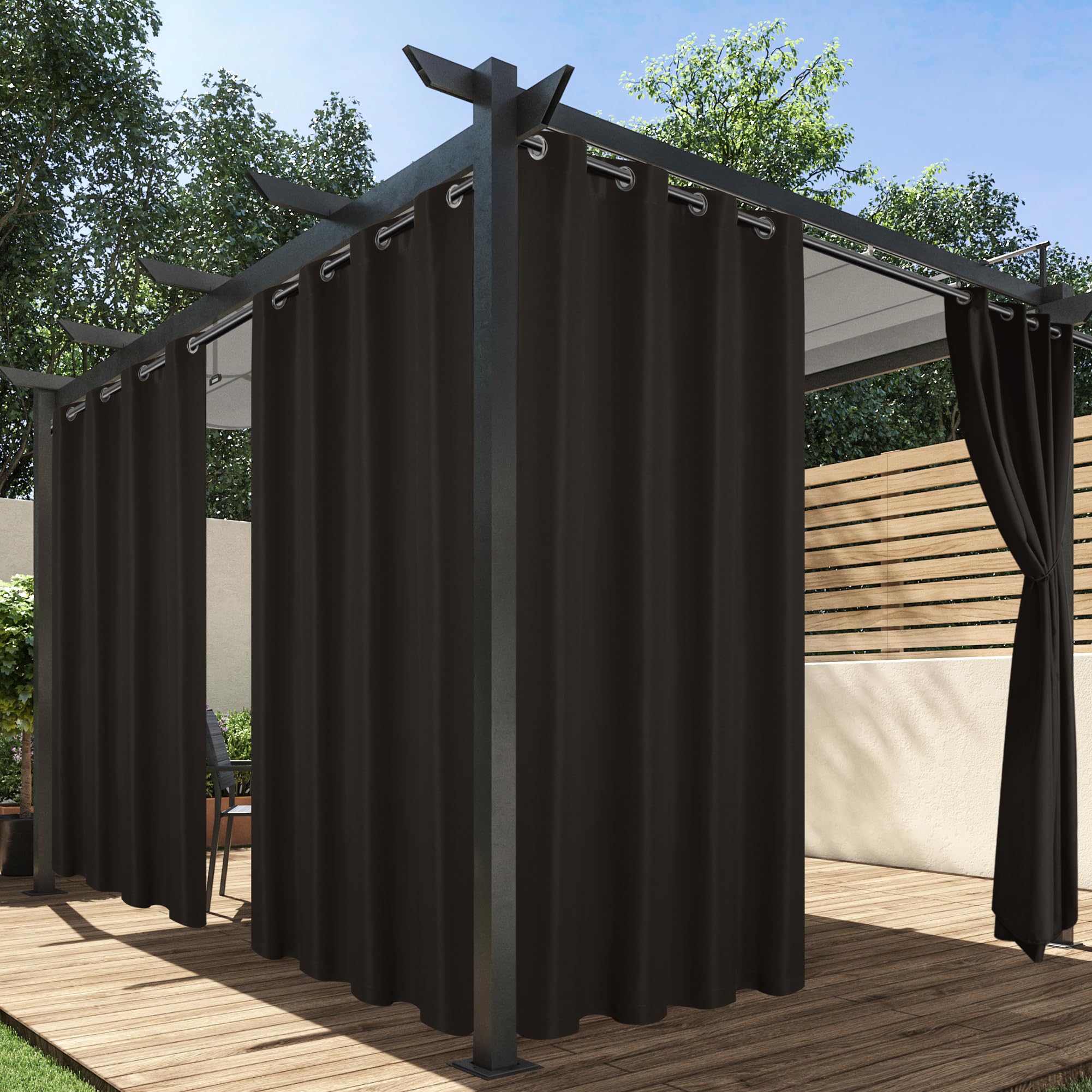 HolidayIdeas Outdoor Curtains for Patio Waterproof, 4 Panels - 54 x 84 Inch - Privacy Protection & Light Filtering Curtains Black Grommet Outside Curtains for Porch, Gazebo, Pergola, Backyard
