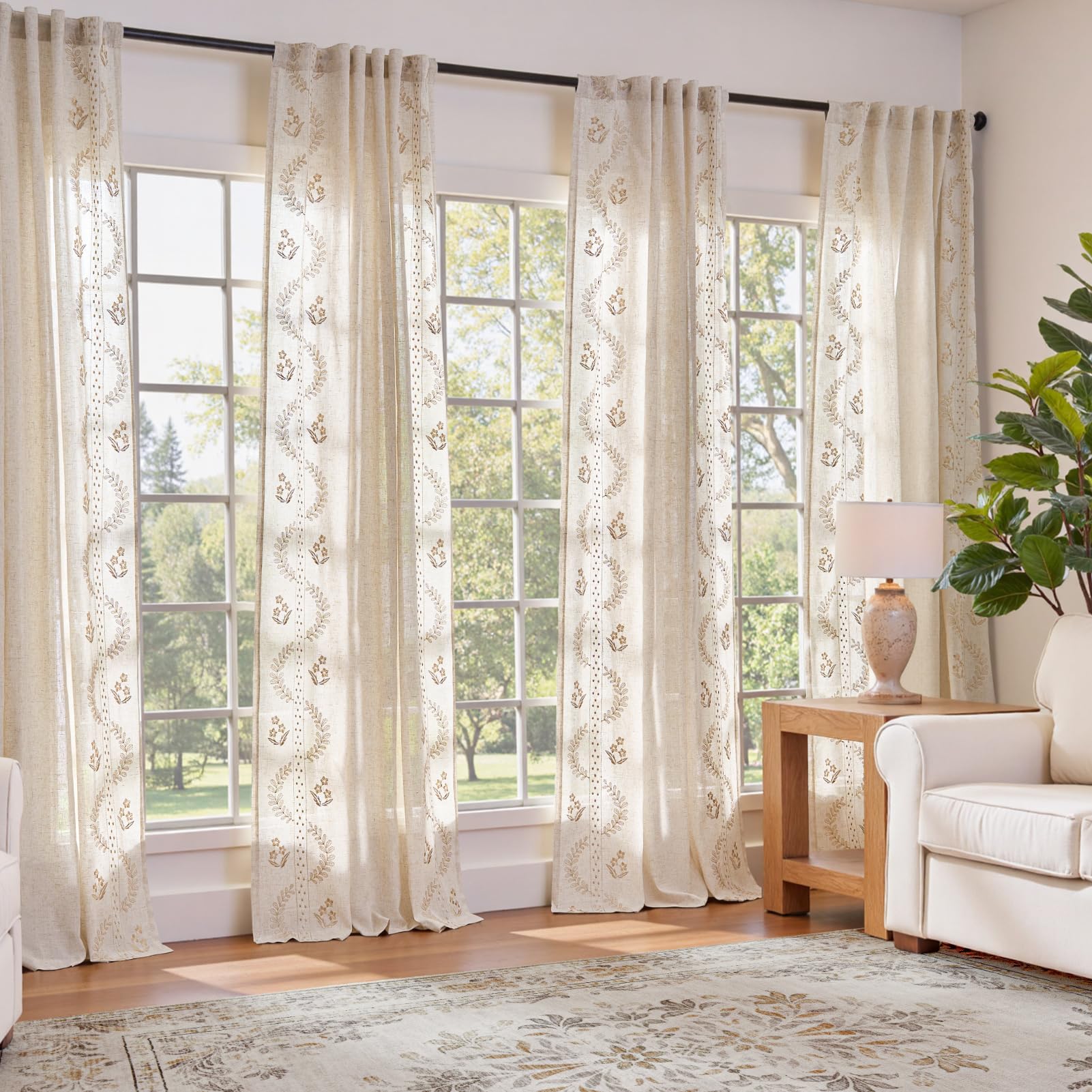 jinchan Belrose Linen Curtains for Bedroom Floral Curtains 84 Inch Length Linen Blend Ivory Embroidered Drapes Farmhouse Flower Patterned Drapes for Living Room Window Treatments Set 2 Panels
