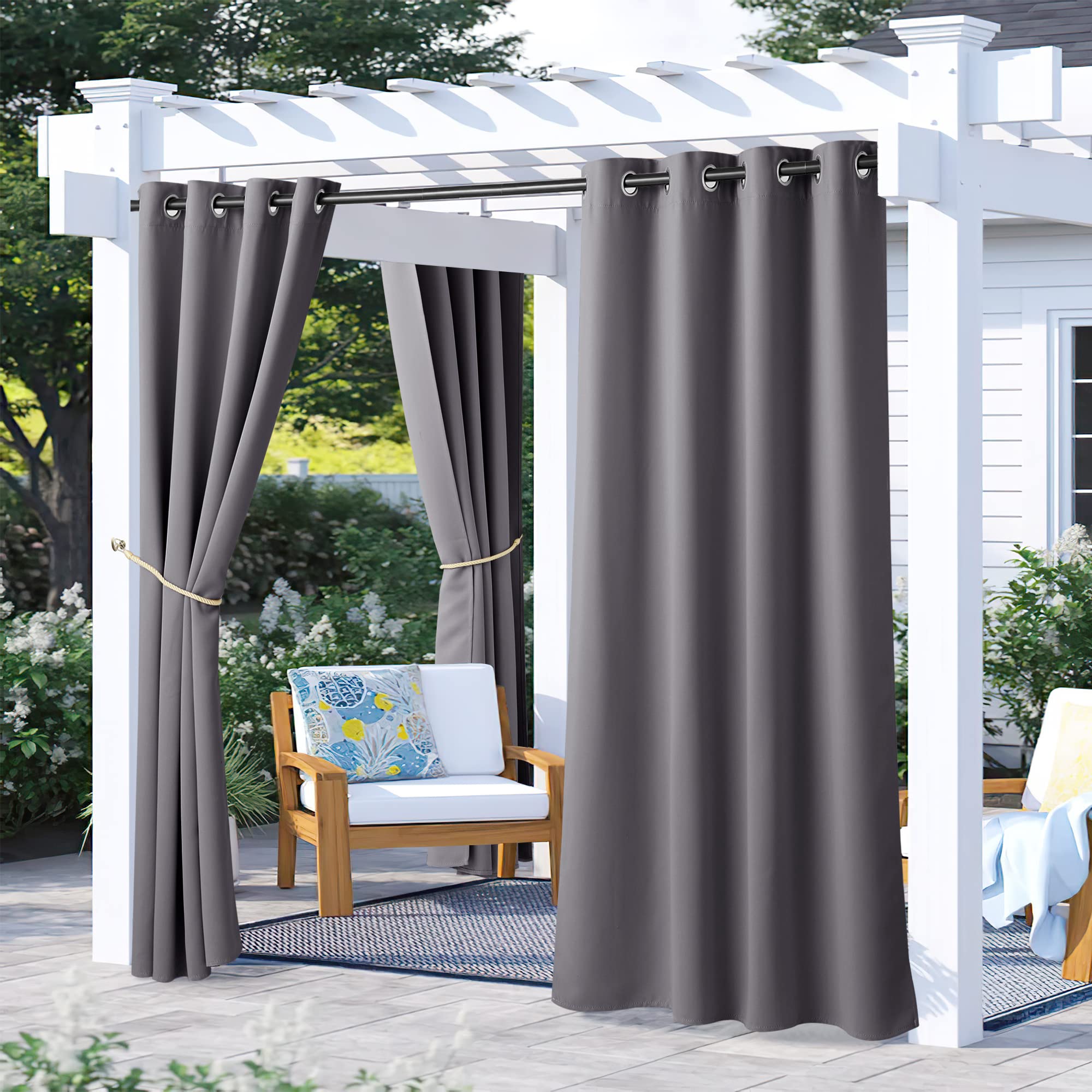NICETOWN Fade Resistant Outdoor Curtains for Patio 84 inch Long, Grade 4 Color Fastness Fade-Proof Waterproof Outside Curtains, Thermal UV Protection Sun Shades for Porch, W52 x L84, 2 Panels, Grey