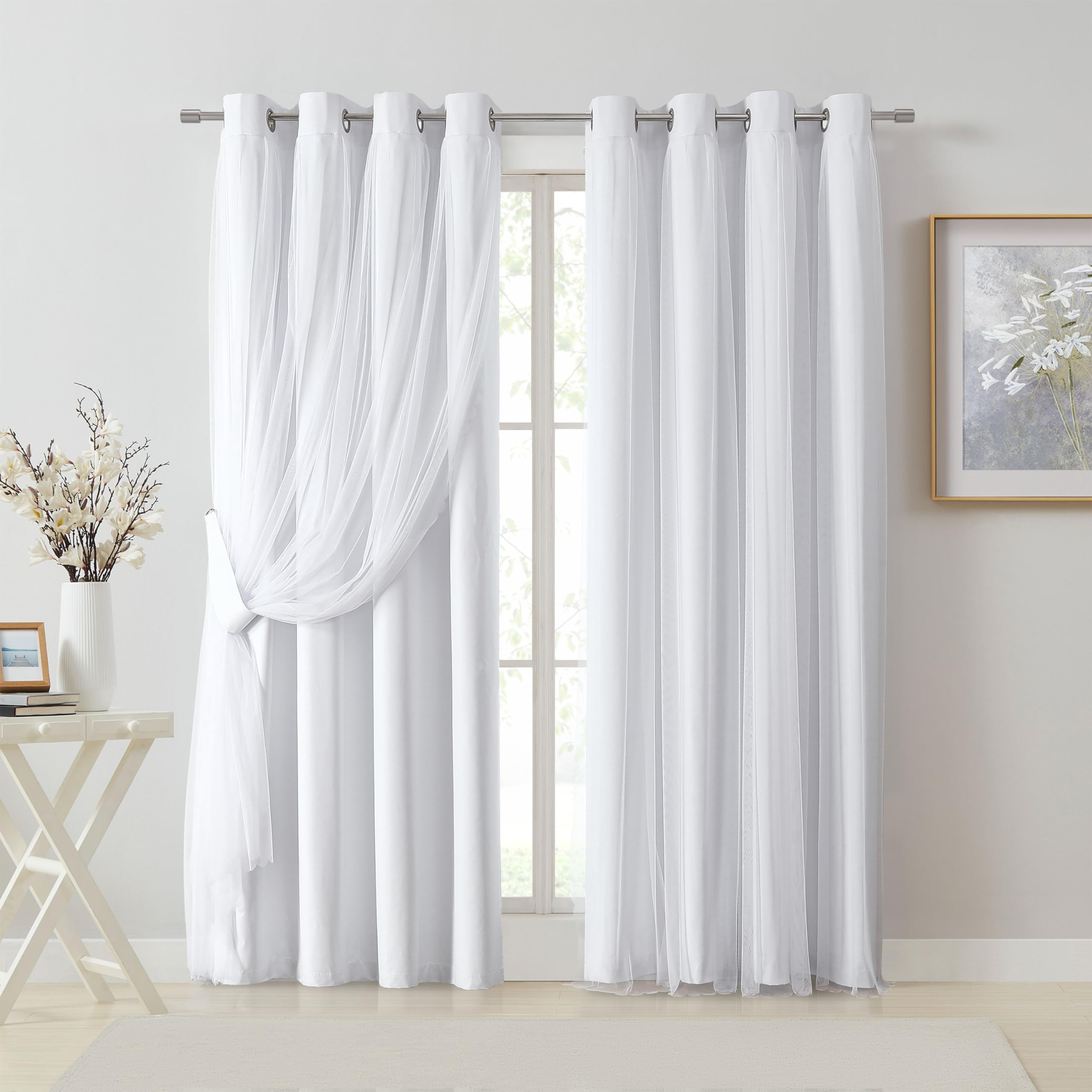 Bujasso Beige 80% Blackout Curtains with Sheer Overlay Mix and Match Double Layer Thermal Insulated Window Panels 95 inch for Living Room Bedroom Beige Drapes with Tiebacks Grommet Top 54" Wx95 Lx2