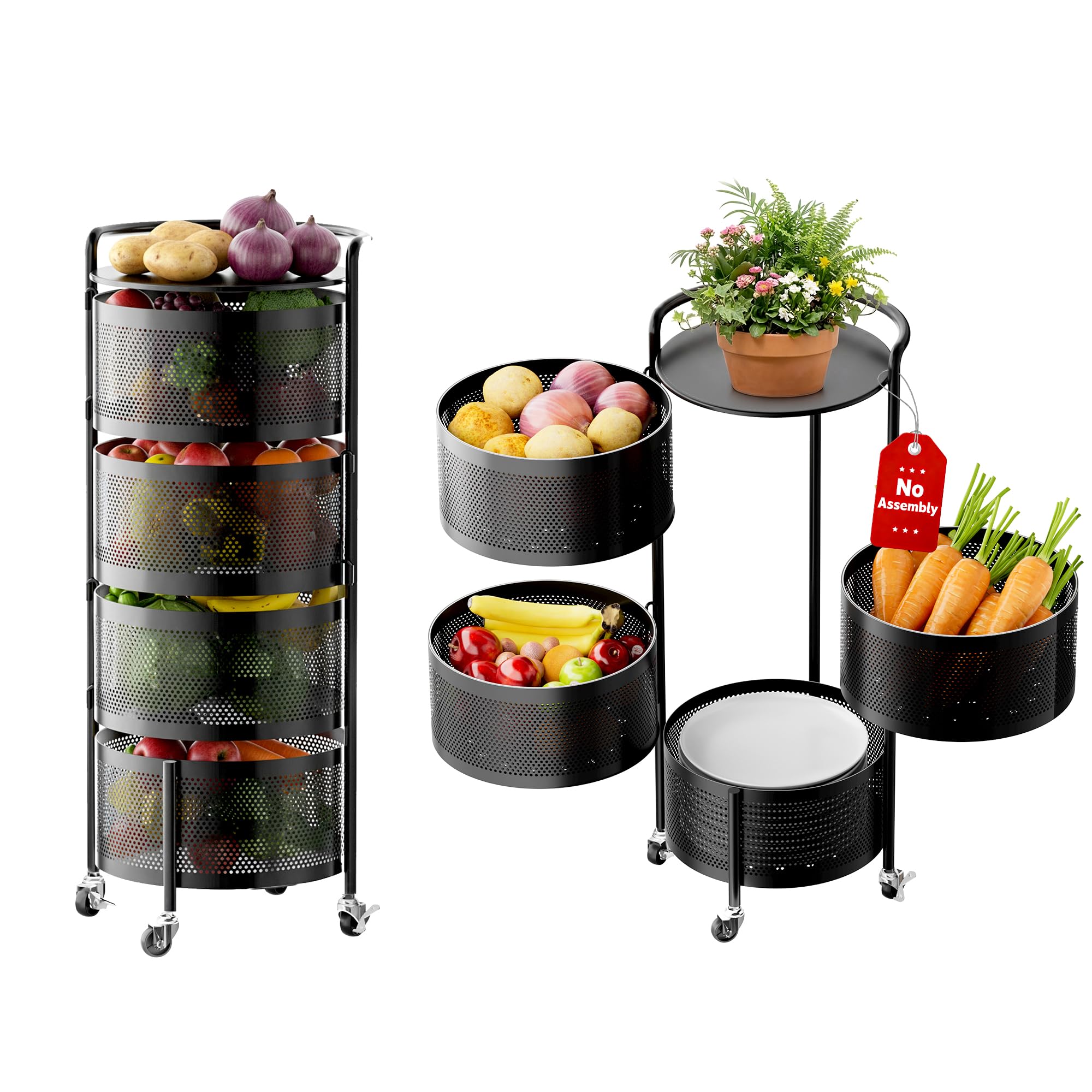 Rotating Fruit Basket, 5-Tier Metal Sturdy Kitchen Storage Rack Shelf Carts No Assembly on Rolling Wheels for Fruit Vegetable Grocery Corns Potato Onion (5-Tier, Black)