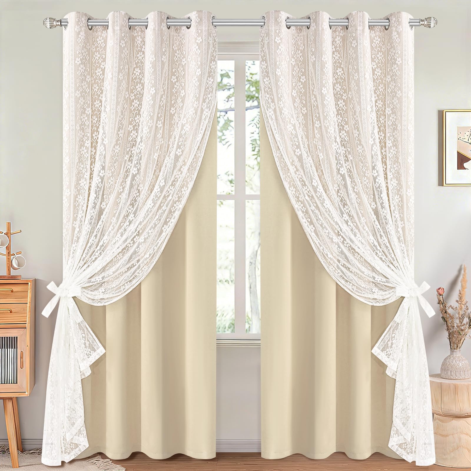 ASPMIZ Linen Curtains for Bedroom, Double Layered Boho Curtain for Living Room Farmhouse Curtain 84 Inch Length 2 Panels Set, Rustic Curtains & Drapes Rod Pocket with Tiebacks, 52 x 84 Inch, Beige