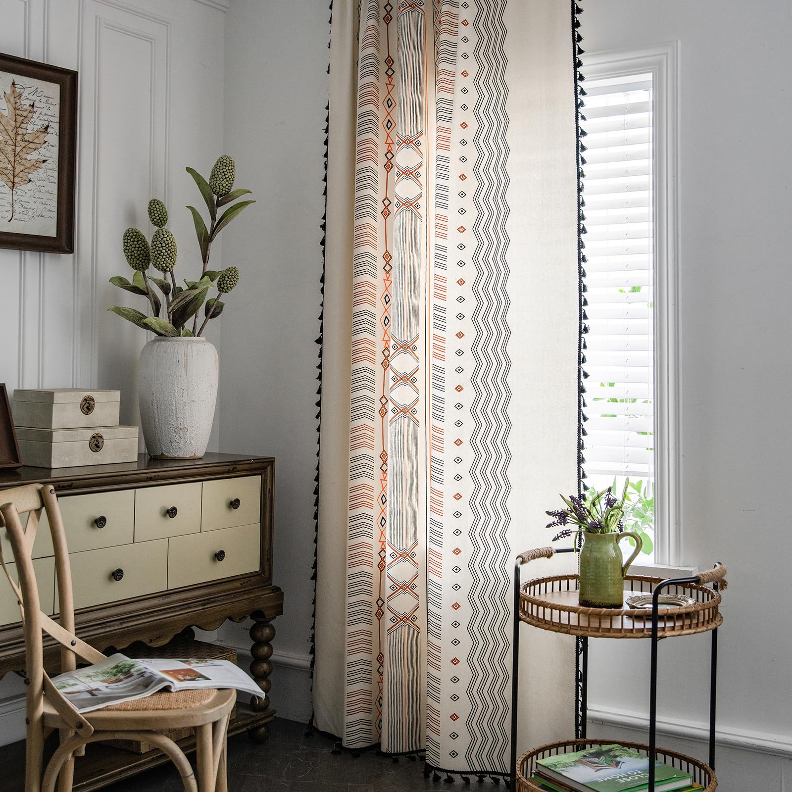 ColorBird Boho Curtains 2 Panels Aztec Western Semi-Blackout Patterned Rod Pocket Window Treatment Decorative Drapes with Black Tassels for Living Bedroom Closet 63 inch Length