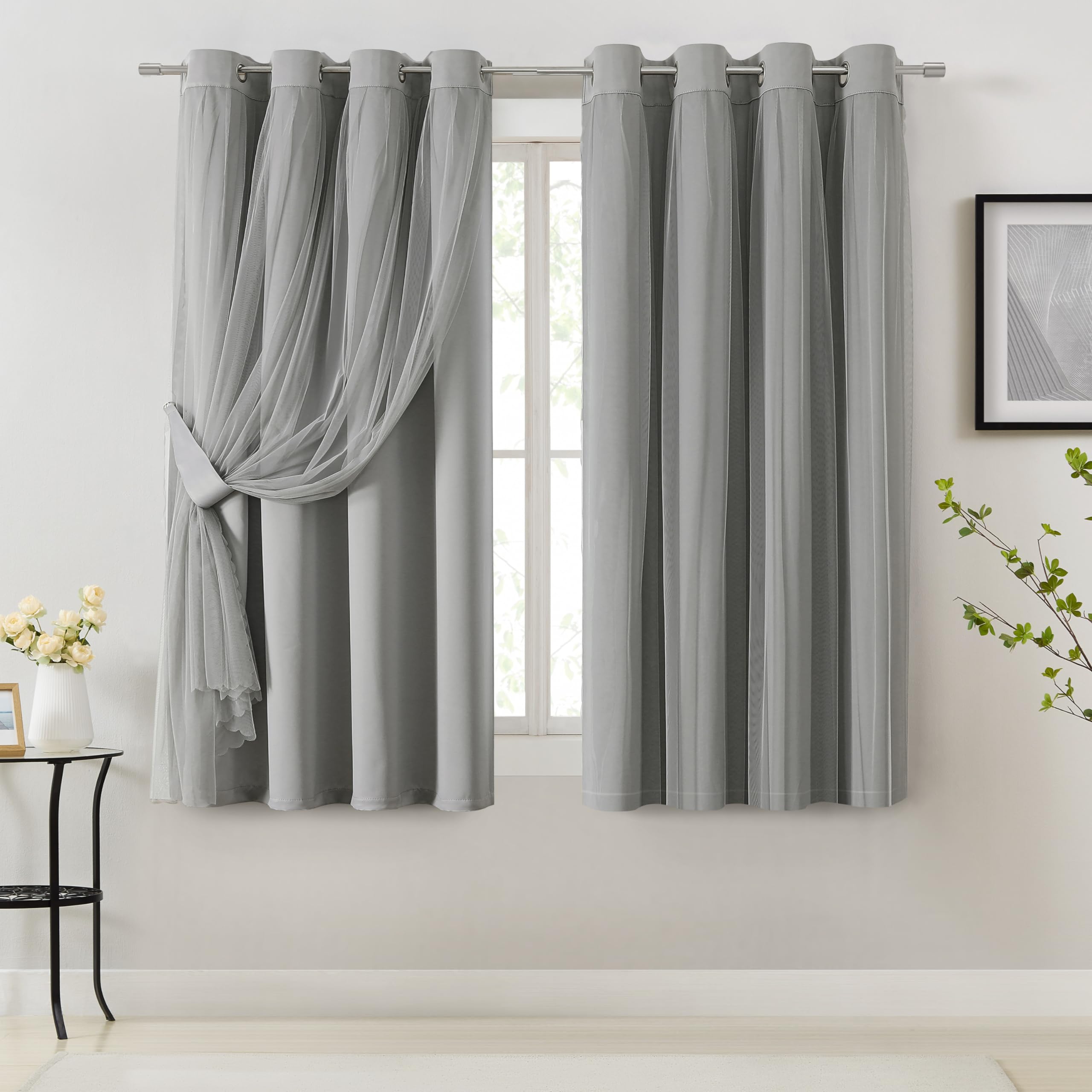 Bujasso Beige 80% Blackout Curtains with Sheer Overlay Mix and Match Double Layer Thermal Insulated Window Panels 95 inch for Living Room Bedroom Beige Drapes with Tiebacks Grommet Top 54" Wx95 Lx2