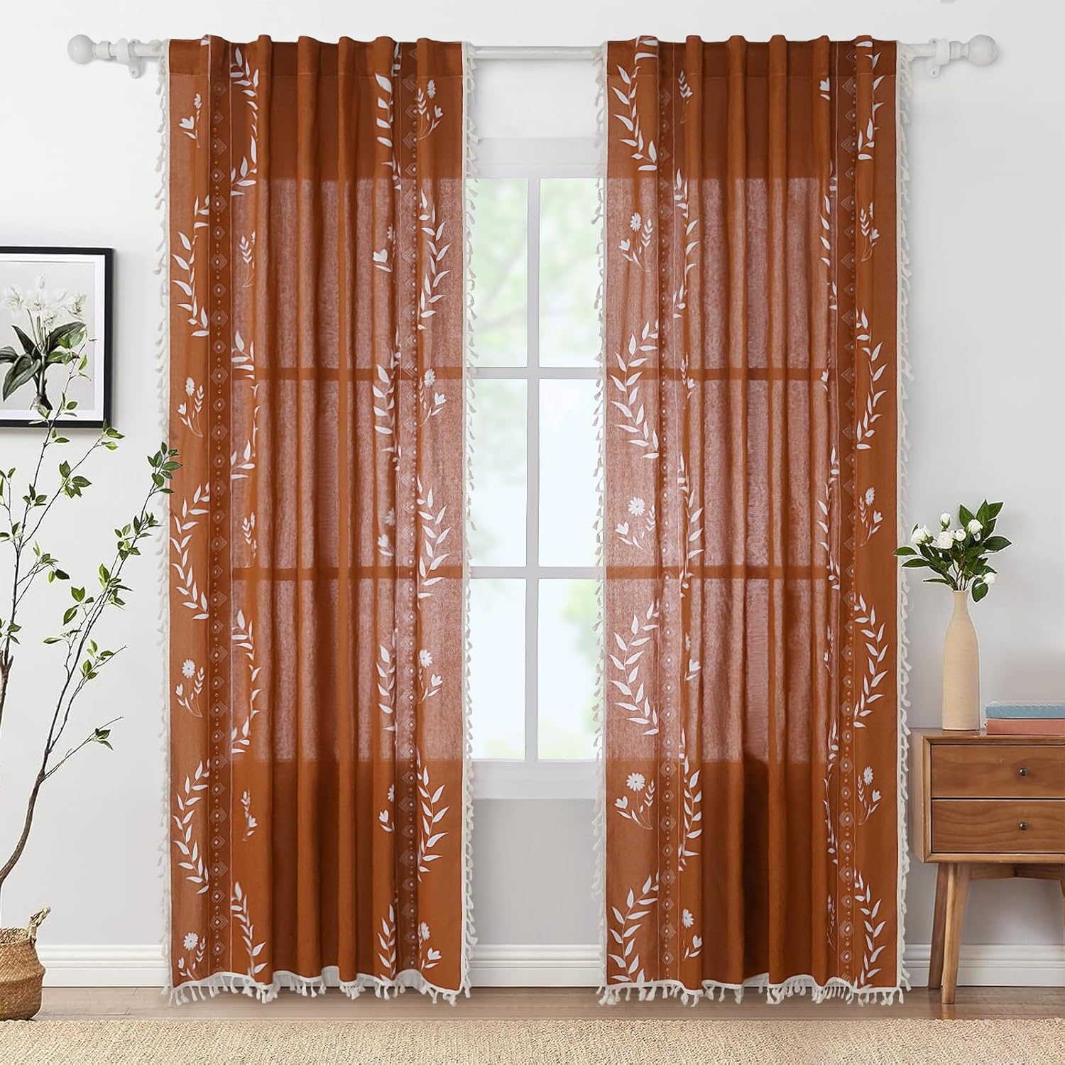 Schweek Boho Curtains for Living Room 84 Inch Long Terracotta Patterned Vintage Farmhouse Curtains 2 Panels,Linen Tassel Floral Window Curtain, Burnt Orange