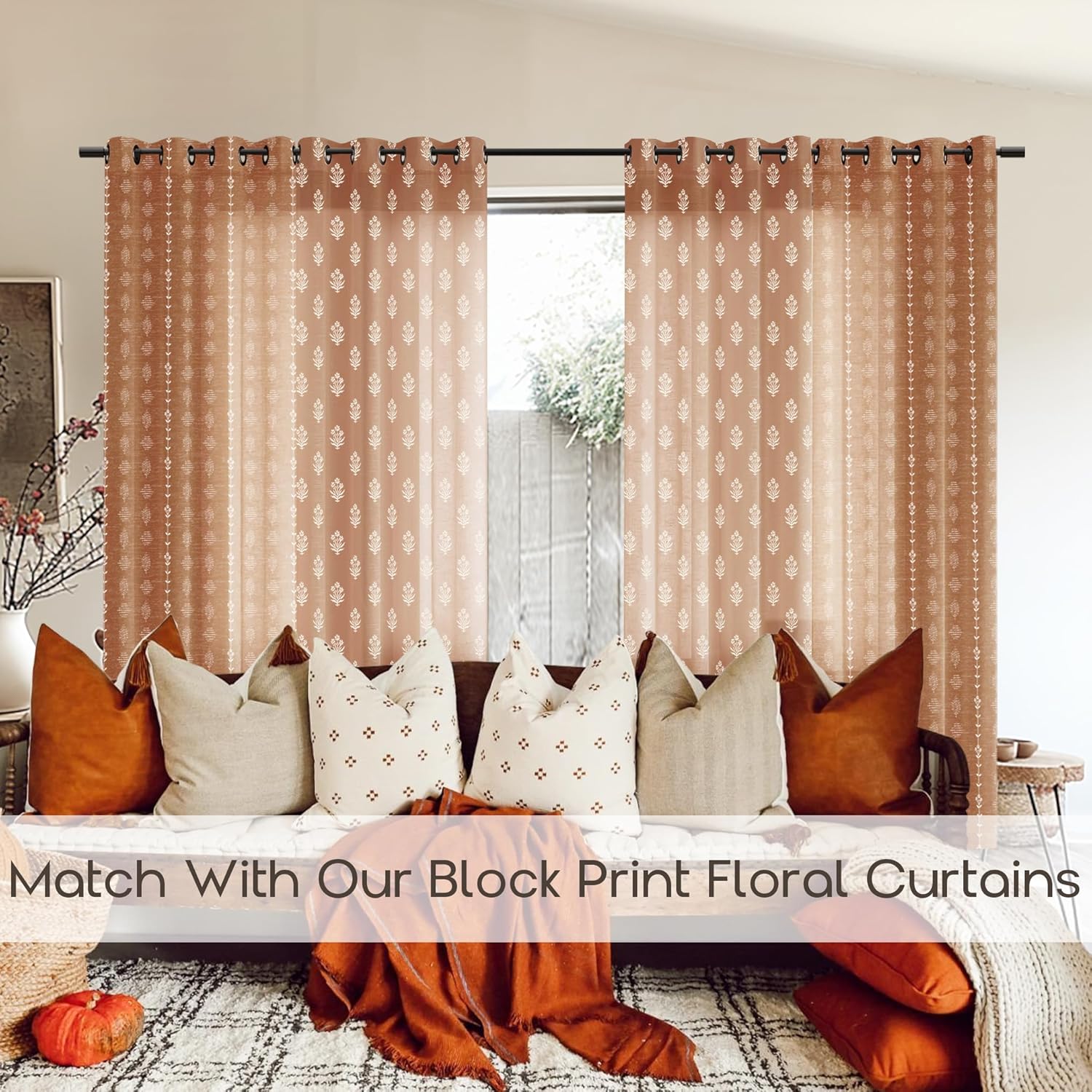Vintage Patterned Curtains 96 Inches Long for Living Room 2 Panel Set,Pattern Sheer Floral Farmhouse Boho Hippie Aztec Fall Linen Decorative Curtains for Bedroom,Terra Cotta Rust Burnt Orange