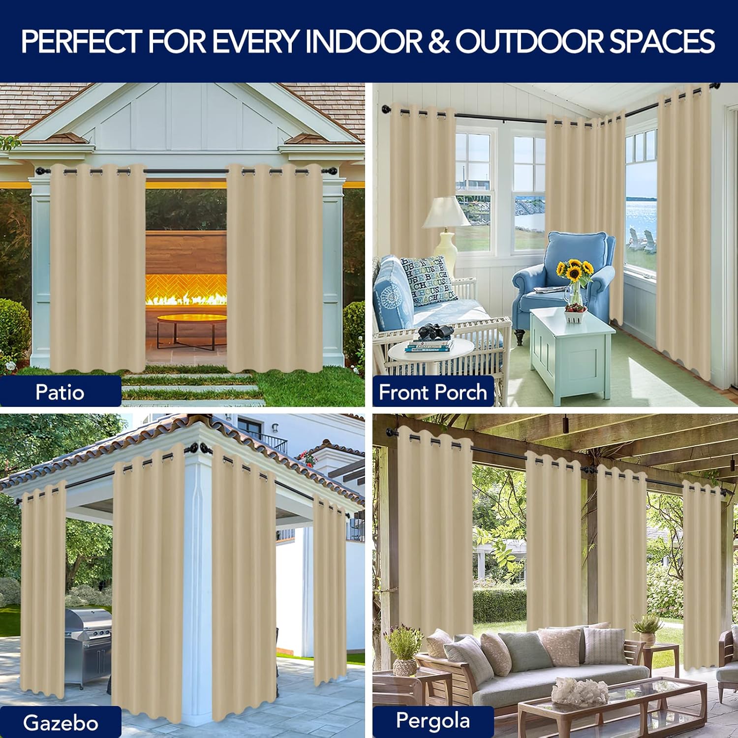 PureFit Outdoor Curtains for Patio Waterproof Weatherproof, UV Resistant Outside Curtains for Gazebo, Front Porch, Pergola, Sun Blocking Privacy Curtain, 52W x 95L inch, Set of 2, Beige