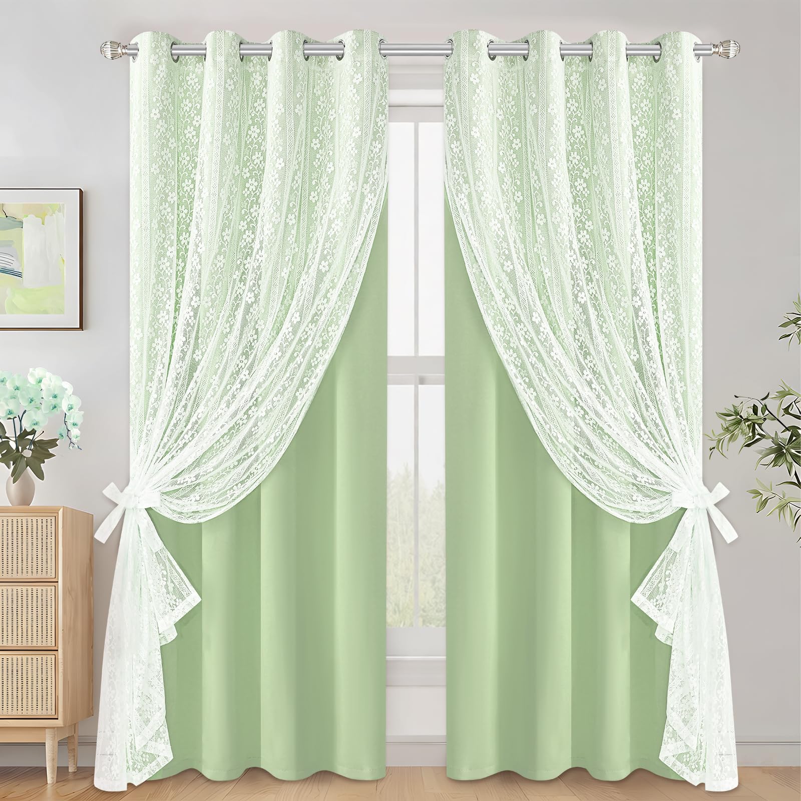 ASPMIZ Linen Curtains for Bedroom, Double Layered Boho Curtain for Living Room Farmhouse Curtain 84 Inch Length 2 Panels Set, Rustic Curtains & Drapes Rod Pocket with Tiebacks, 52 x 84 Inch, Beige