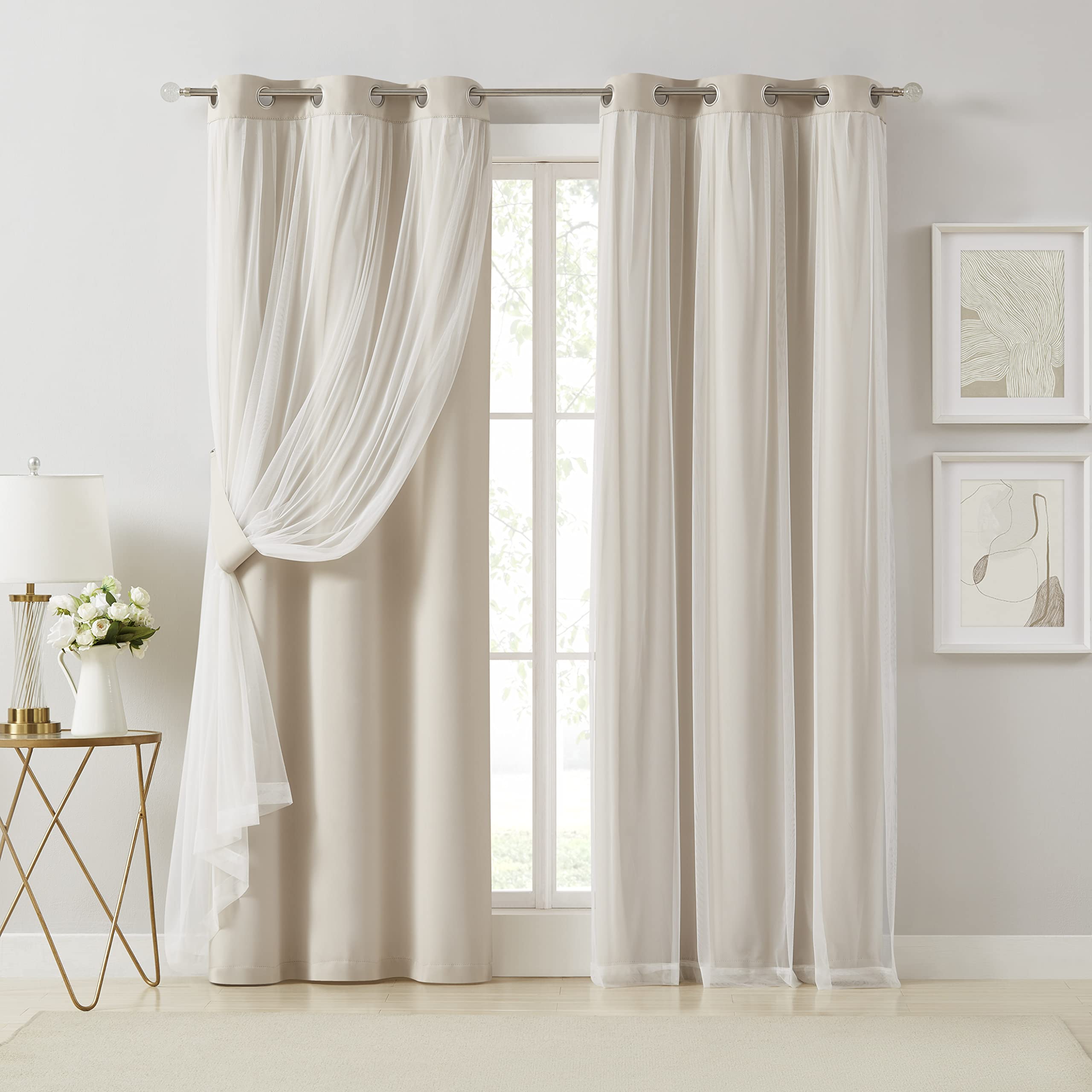 Bujasso Beige 80% Blackout Curtains with Sheer Overlay Mix and Match Double Layer Thermal Insulated Window Panels 95 inch for Living Room Bedroom Beige Drapes with Tiebacks Grommet Top 54" Wx95 Lx2