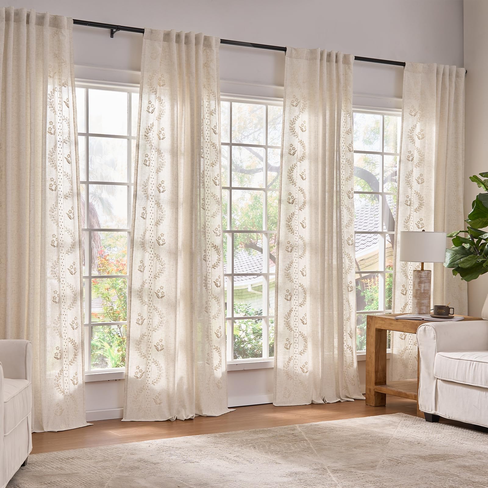 jinchan Belrose Linen Curtains for Bedroom Floral Curtains 84 Inch Length Linen Blend Ivory Embroidered Drapes Farmhouse Flower Patterned Drapes for Living Room Window Treatments Set 2 Panels