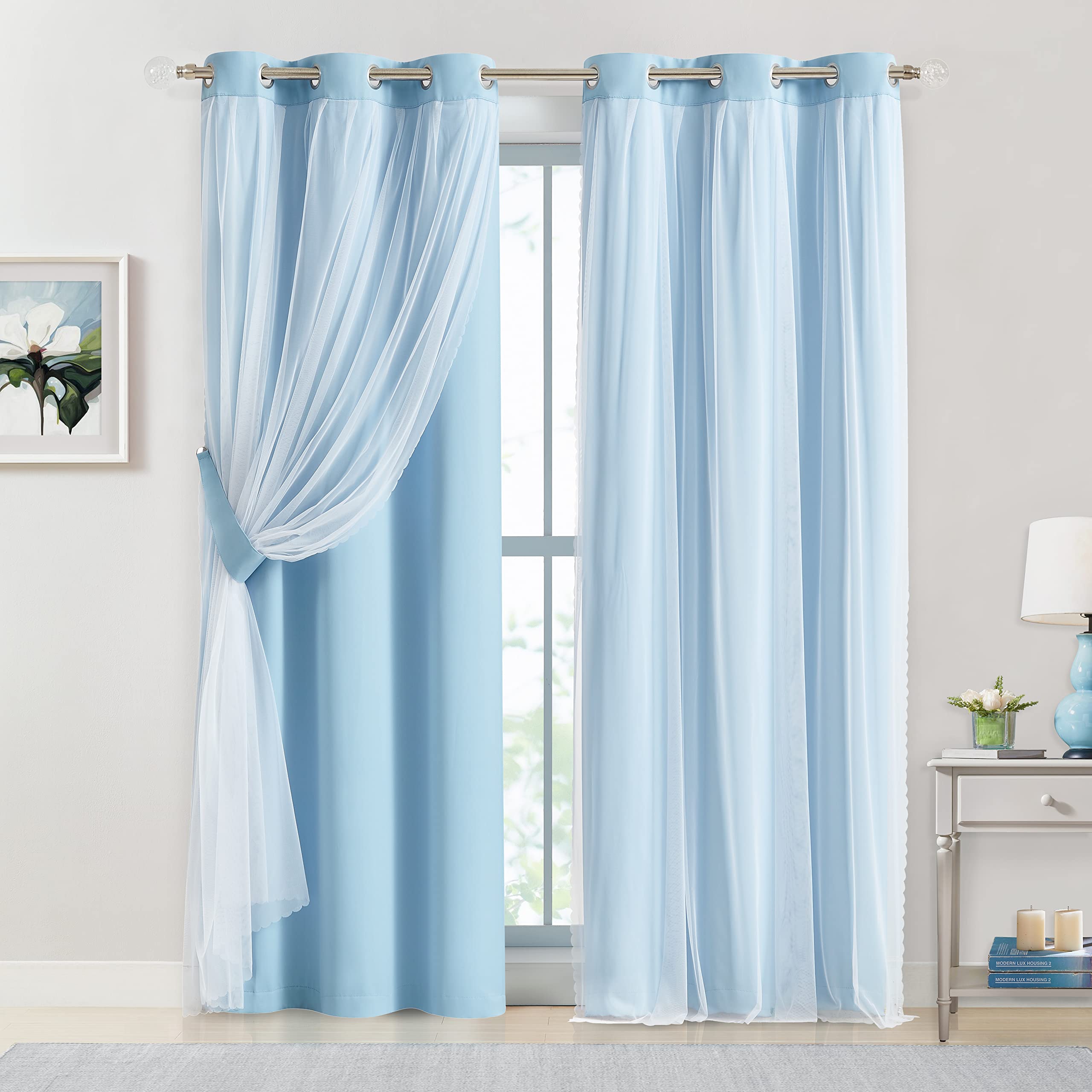 Bujasso Beige 90% Blackout Curtains with Sheer Overlay Mix and Match Double Layer Thermal Insulated Window Panels 84 inch for Living Room Bedroom Beige Drapes with Tiebacks Grommet Top 37" Wx84 Lx2