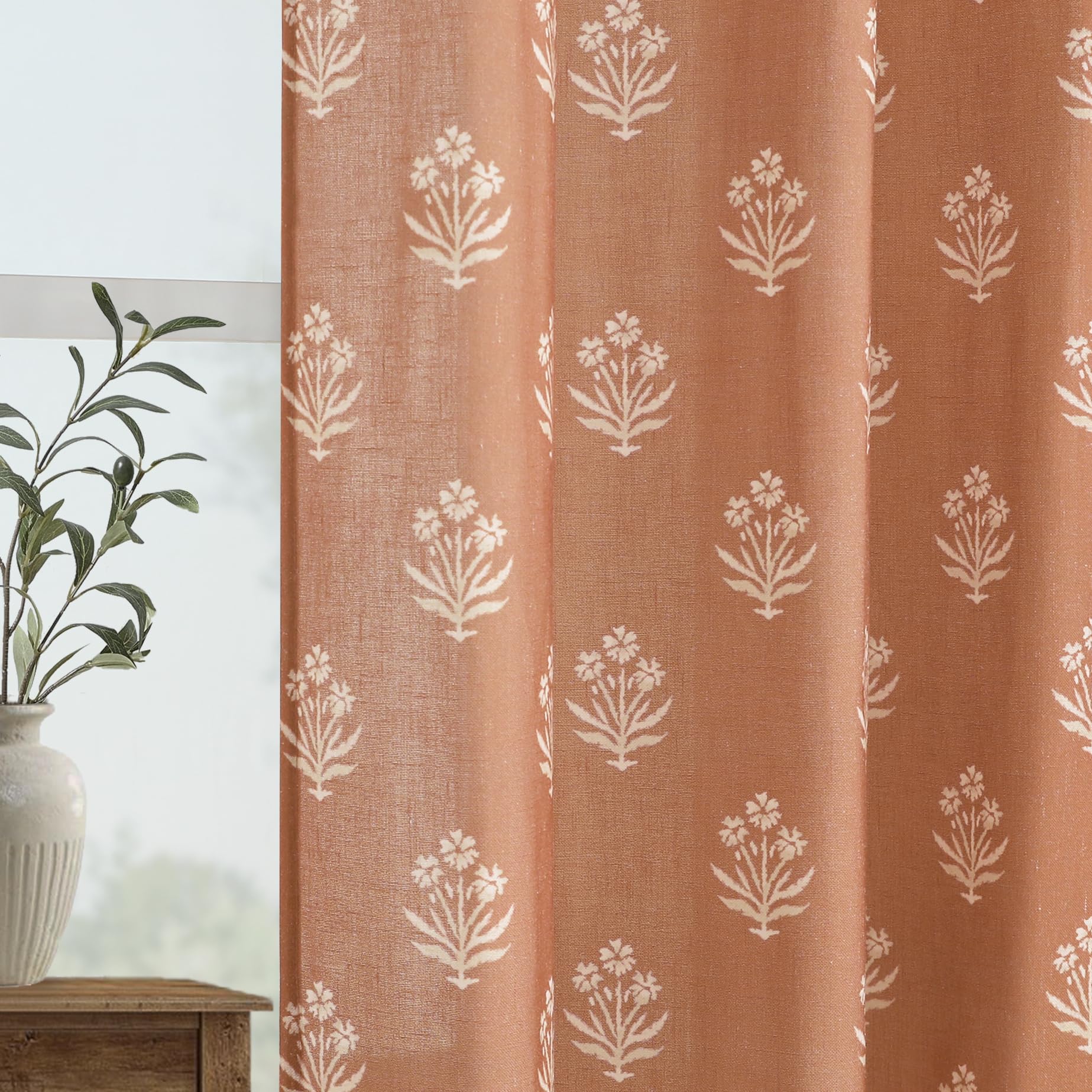 Vintage Patterned Curtains 96 Inches Long for Living Room 2 Panel Set,Pattern Sheer Floral Farmhouse Boho Hippie Aztec Fall Linen Decorative Curtains for Bedroom,Terra Cotta Rust Burnt Orange