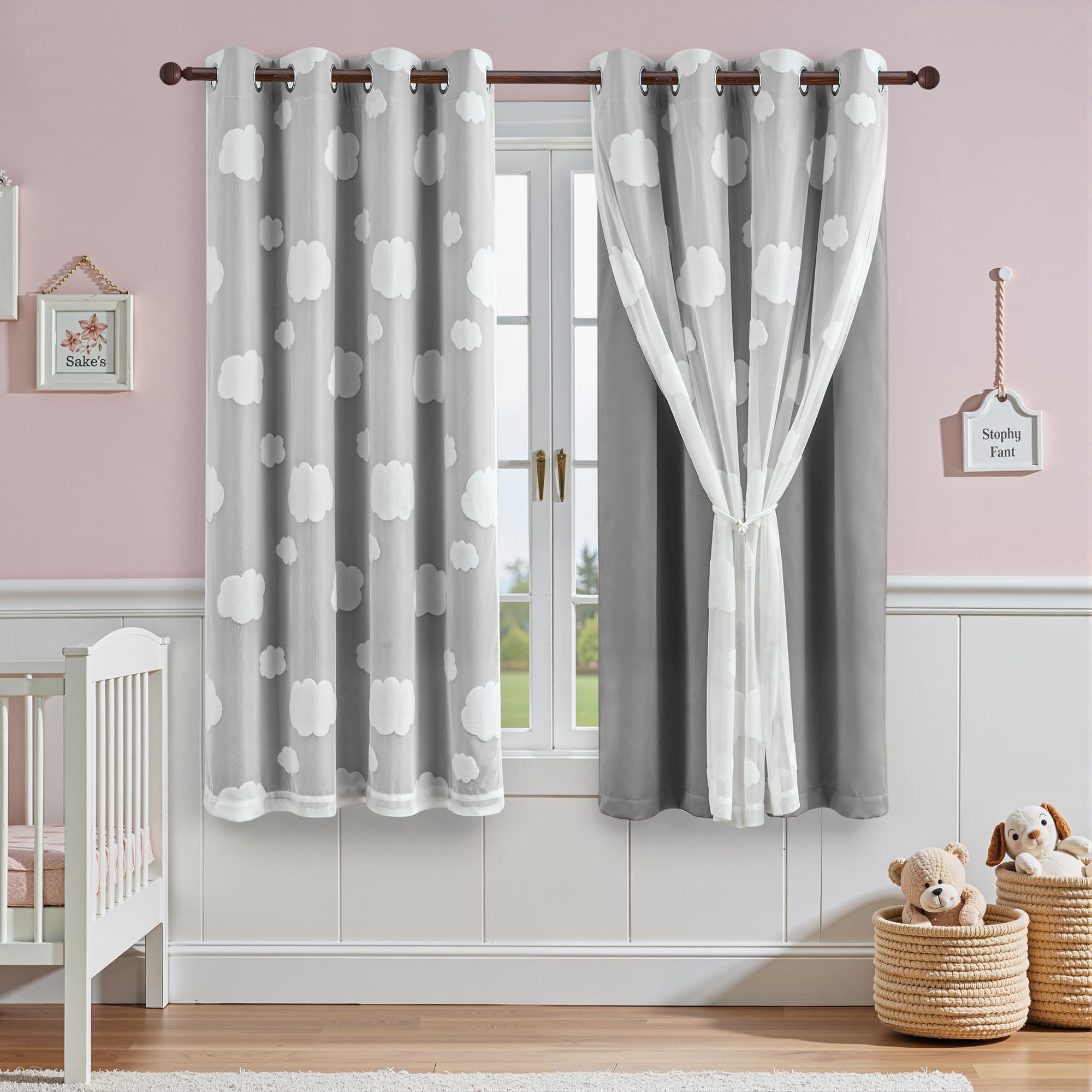 Beige Light Blocking Curtains with Sheer Overlay for Living Room Mix and Match Double Layer Window Panels 95 Inch for Bedroom Grommet Top, W52 X L95