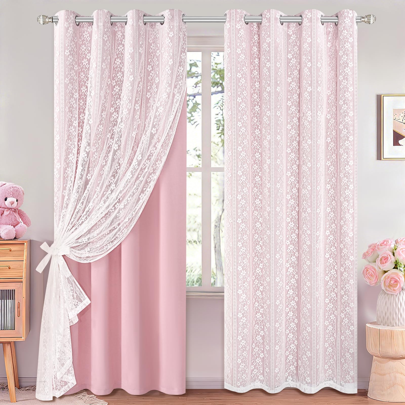 ASPMIZ Linen Curtains for Bedroom, Double Layered Boho Curtain for Living Room Farmhouse Curtain 84 Inch Length 2 Panels Set, Rustic Curtains & Drapes Rod Pocket with Tiebacks, 52 x 84 Inch, Beige