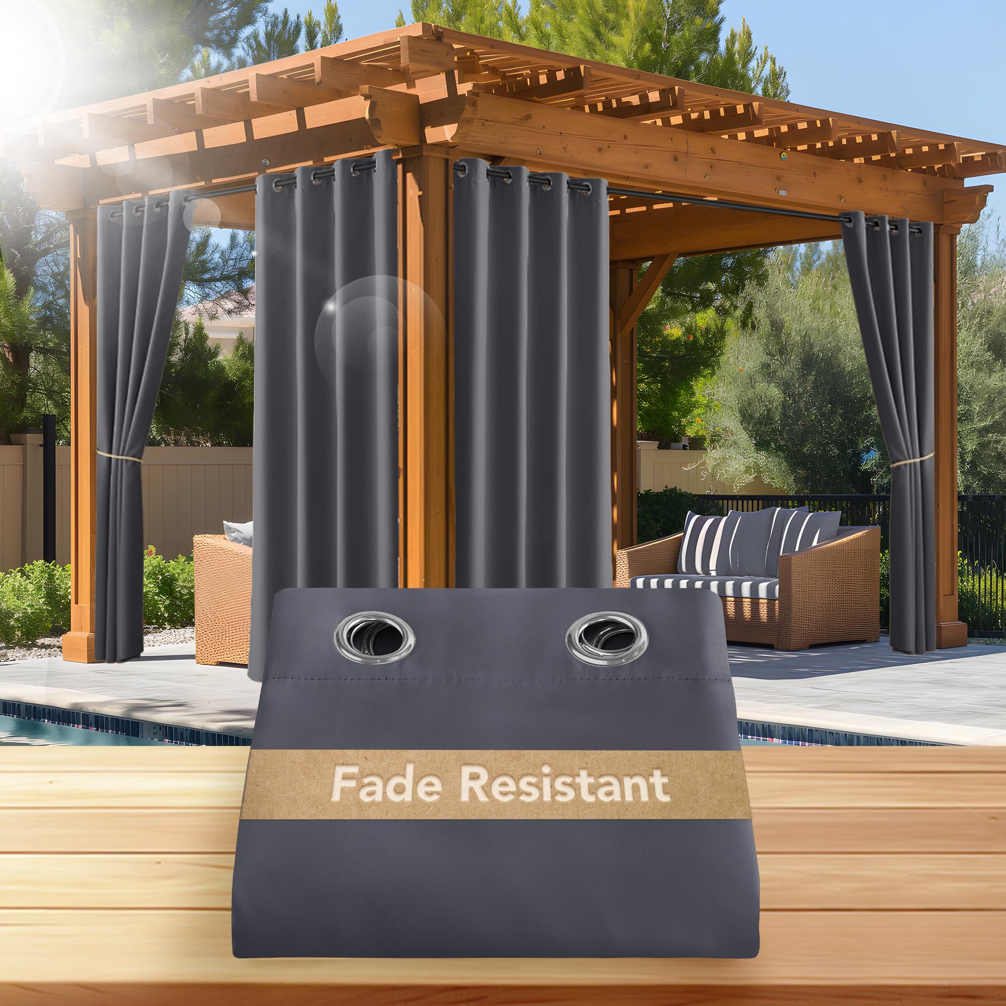 NICETOWN Fade Resistant Outdoor Curtains for Patio 84 inch Long, Grade 4 Color Fastness Fade-Proof Waterproof Outside Curtains, Thermal UV Protection Sun Shades for Porch, W52 x L84, 2 Panels, Grey
