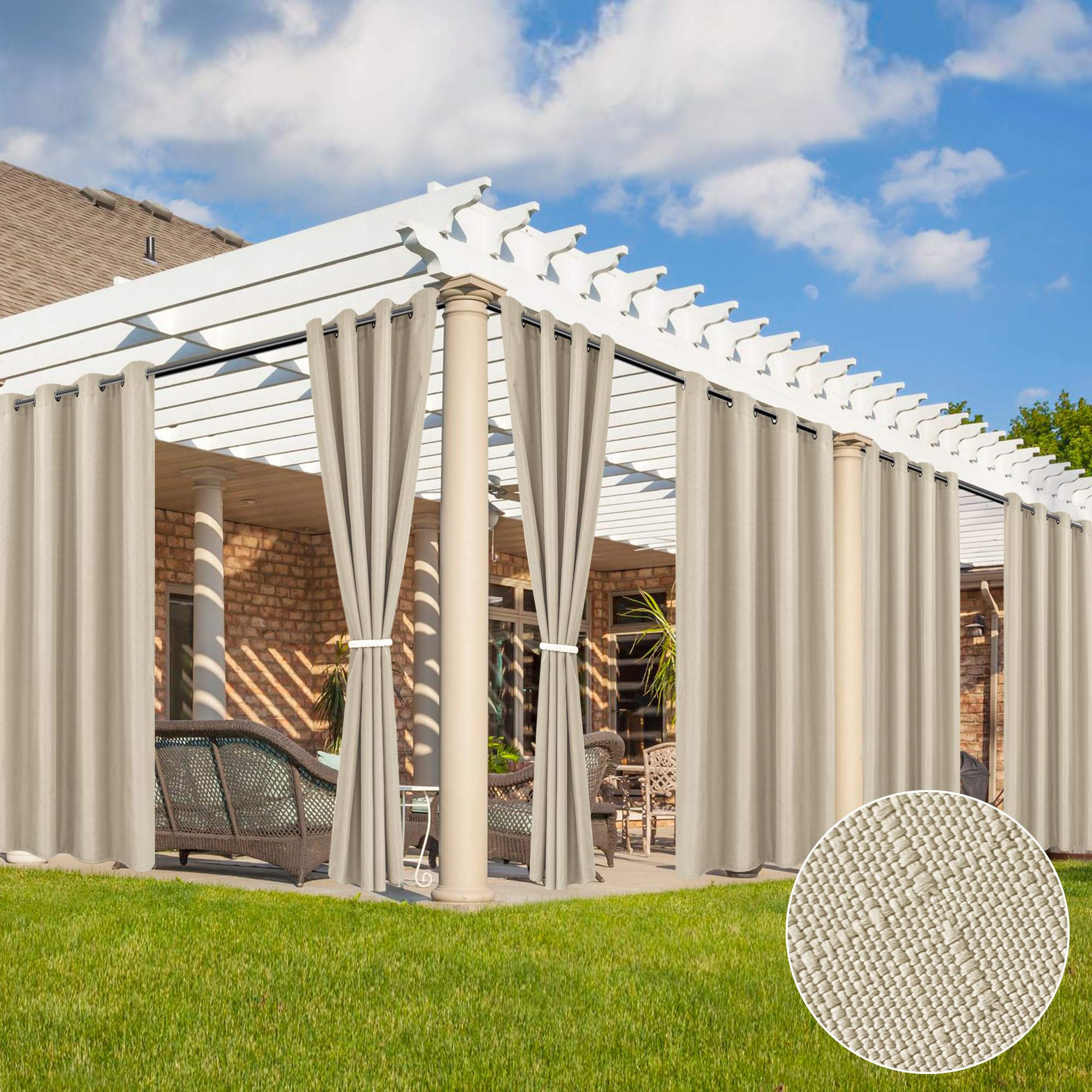 HolidayIdeas Outdoor Curtains for Patio Waterproof-4 Panels Linen Gazebo Curtains 54"x84"-Indoor/Outside Privacy Taupe Curtains Weatherproof Weighted for Pergola, Porch,Backyard,Living Room,Sunroom