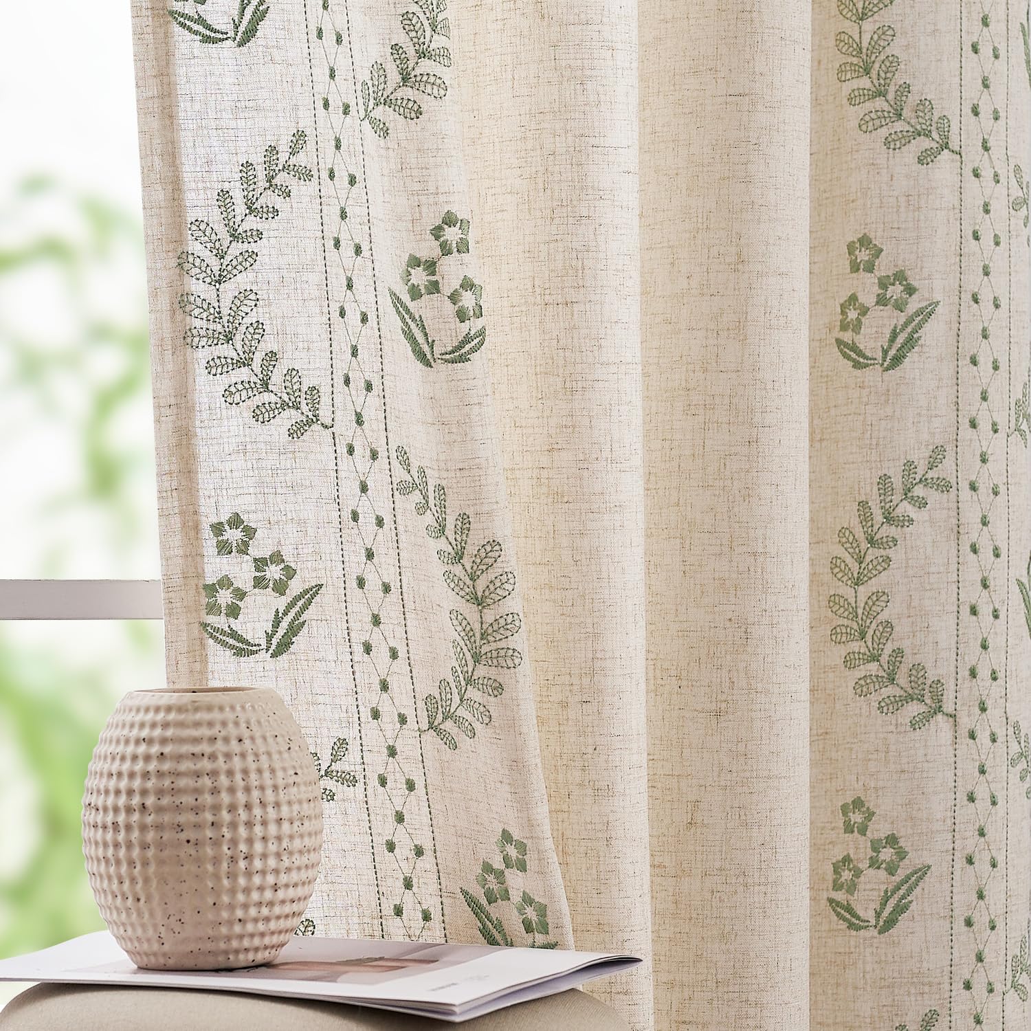 jinchan Belrose Linen Curtains for Bedroom Floral Curtains 84 Inch Length Linen Blend Ivory Embroidered Drapes Farmhouse Flower Patterned Drapes for Living Room Window Treatments Set 2 Panels
