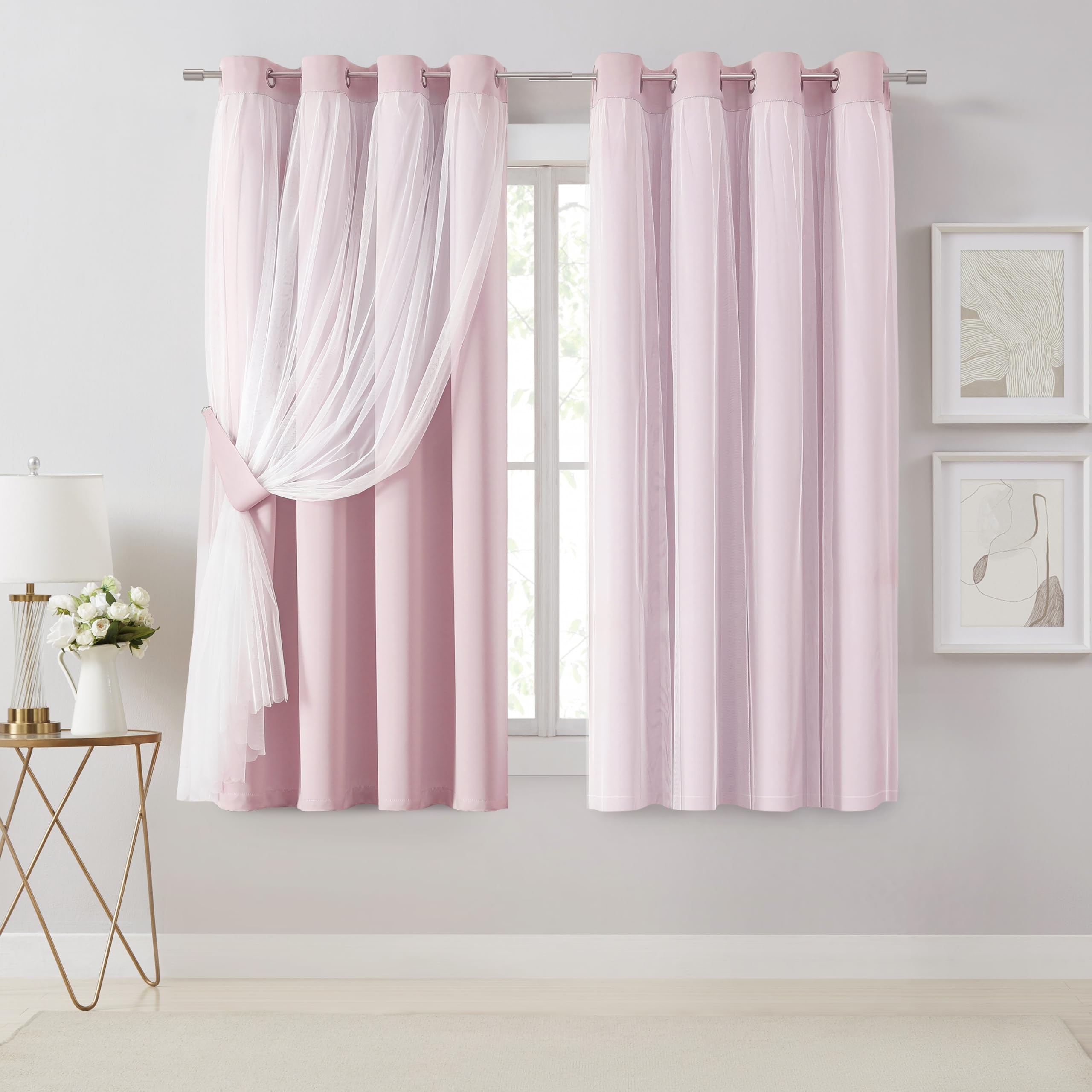 Bujasso Beige 80% Blackout Curtains with Sheer Overlay Mix and Match Double Layer Thermal Insulated Window Panels 95 inch for Living Room Bedroom Beige Drapes with Tiebacks Grommet Top 54" Wx95 Lx2
