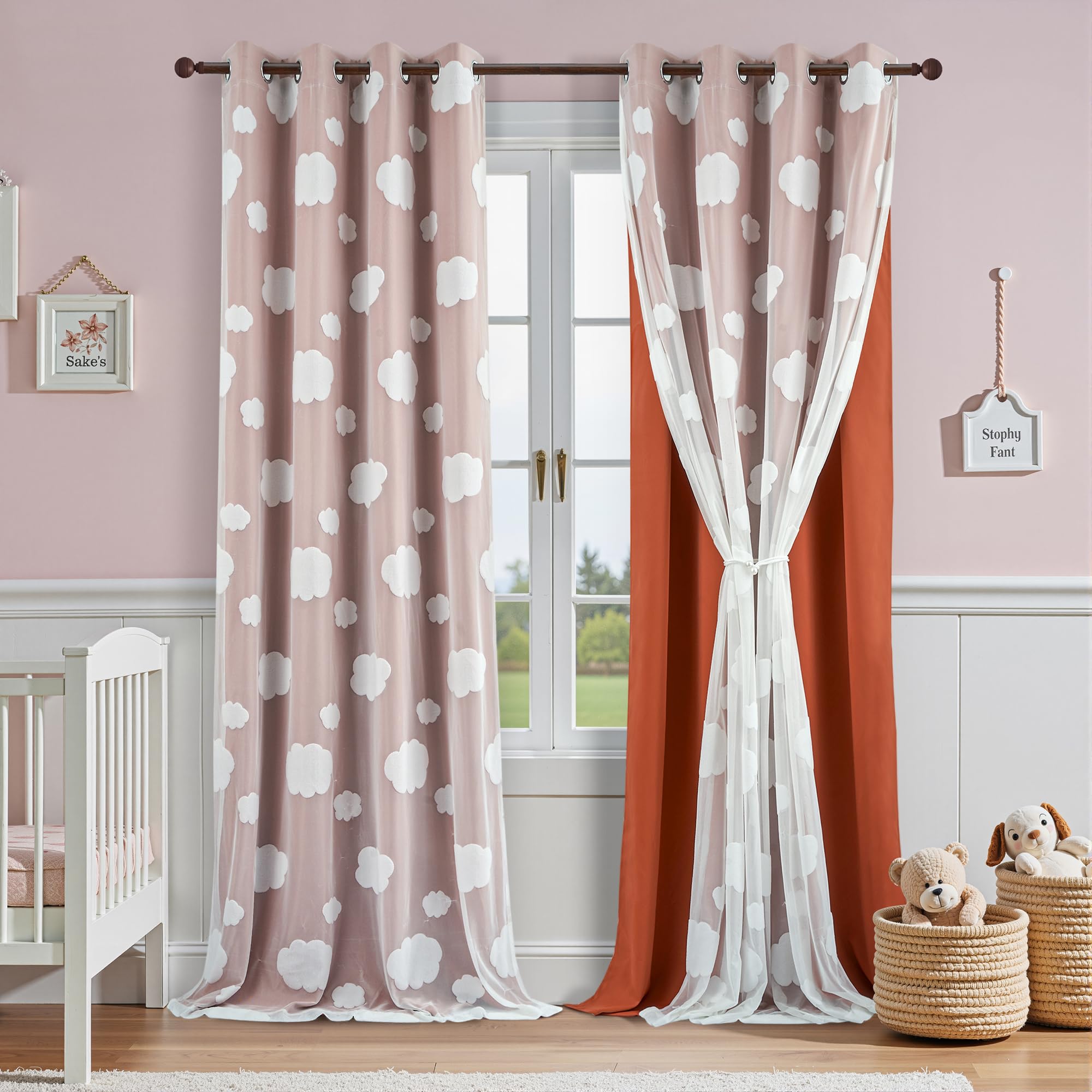 Beige Light Blocking Curtains with Sheer Overlay for Living Room Mix and Match Double Layer Window Panels 95 Inch for Bedroom Grommet Top, W52 X L95
