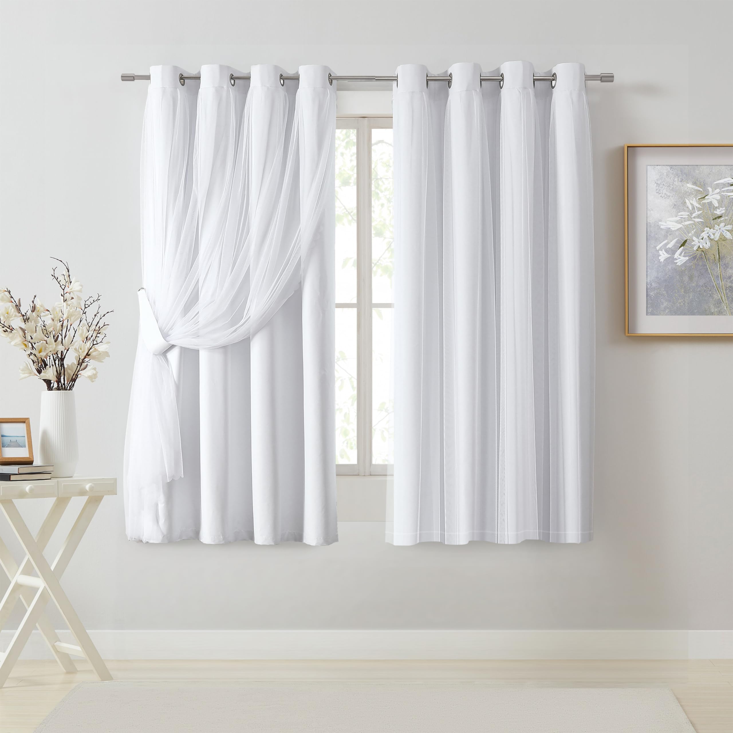 Bujasso Beige 80% Blackout Curtains with Sheer Overlay Mix and Match Double Layer Thermal Insulated Window Panels 95 inch for Living Room Bedroom Beige Drapes with Tiebacks Grommet Top 54" Wx95 Lx2