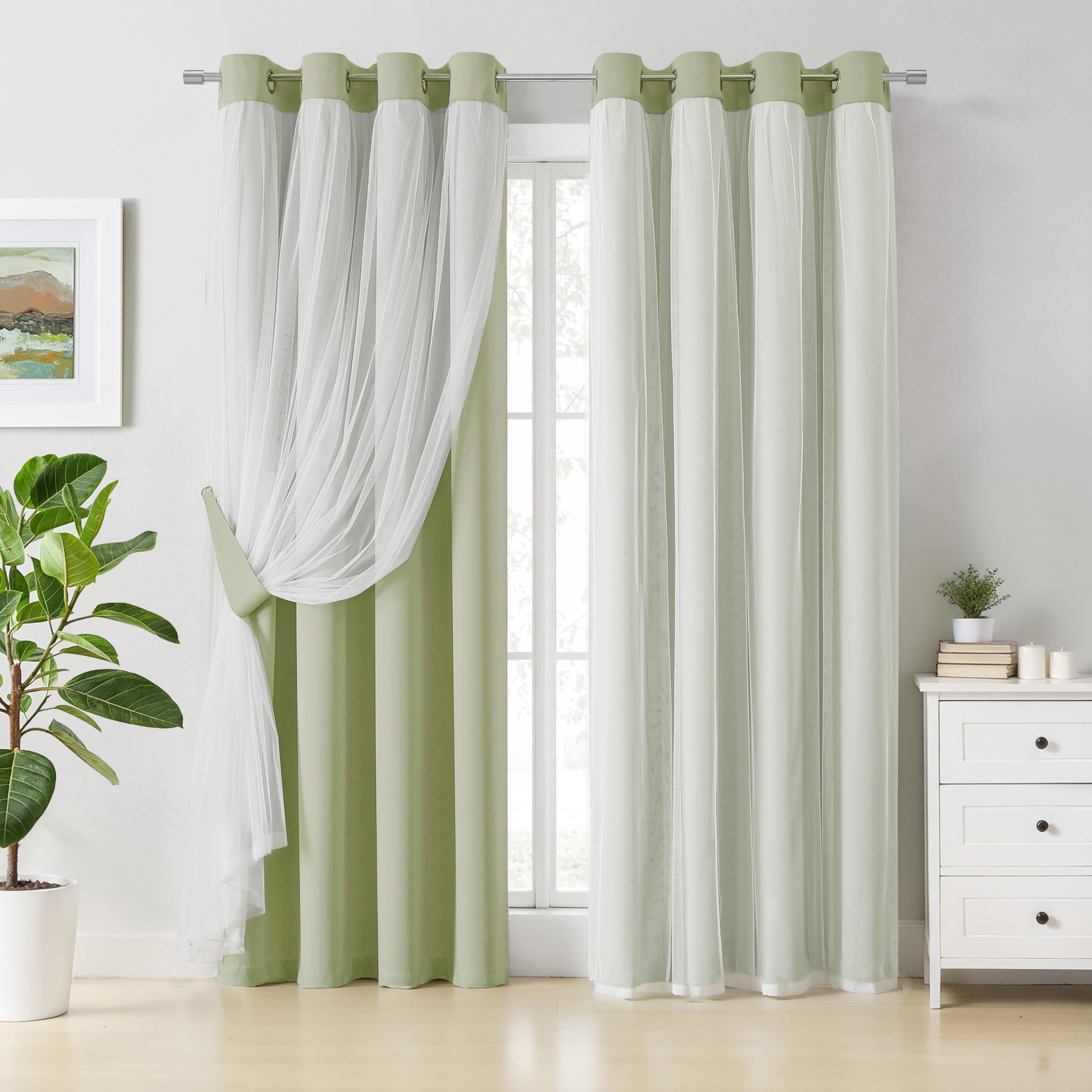 Bujasso Beige 80% Blackout Curtains with Sheer Overlay Mix and Match Double Layer Thermal Insulated Window Panels 95 inch for Living Room Bedroom Beige Drapes with Tiebacks Grommet Top 54" Wx95 Lx2