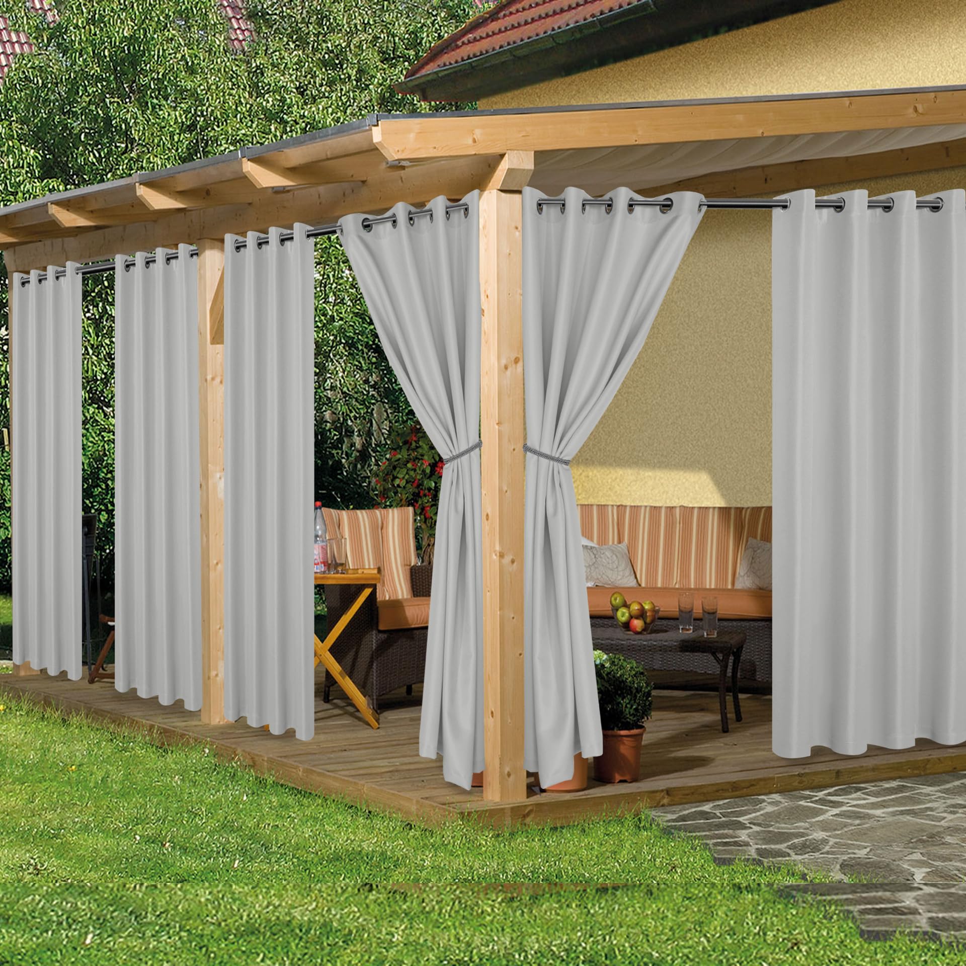 HolidayIdeas Outdoor Curtains for Patio Waterproof, 6 Panels - 54x84 Inches - Weatherproof Privacy Outsides Curtains for Cabana Porch Pergola, Sunlight & UV Blocking (Cream, Grommet Top)