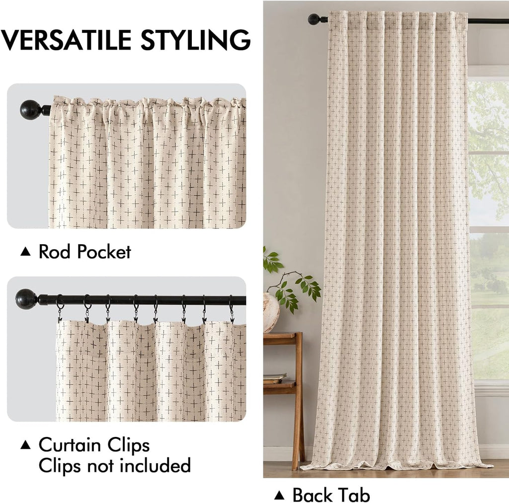 MIULEE Decorative Back Tab Linen Curtains with Geometric Pattern for Living Room Bedroom Farmhouse Rustic Thick Woven Textured Patterned Mudcloth Drapes 84 Inches Long 2 Panels Set, Beige