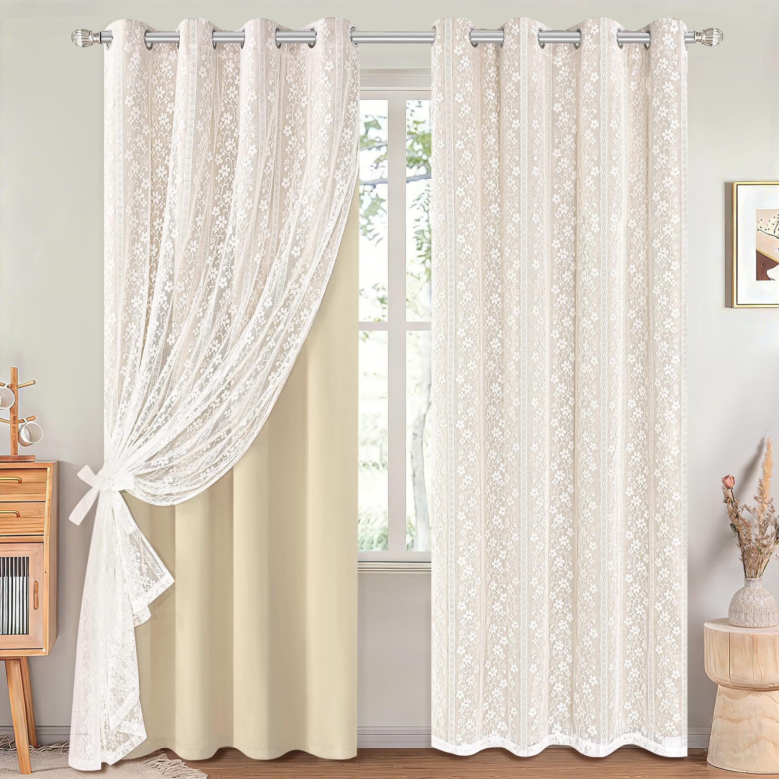 ASPMIZ Linen Curtains for Bedroom, Double Layered Boho Curtain for Living Room Farmhouse Curtain 84 Inch Length 2 Panels Set, Rustic Curtains & Drapes Rod Pocket with Tiebacks, 52 x 84 Inch, Beige