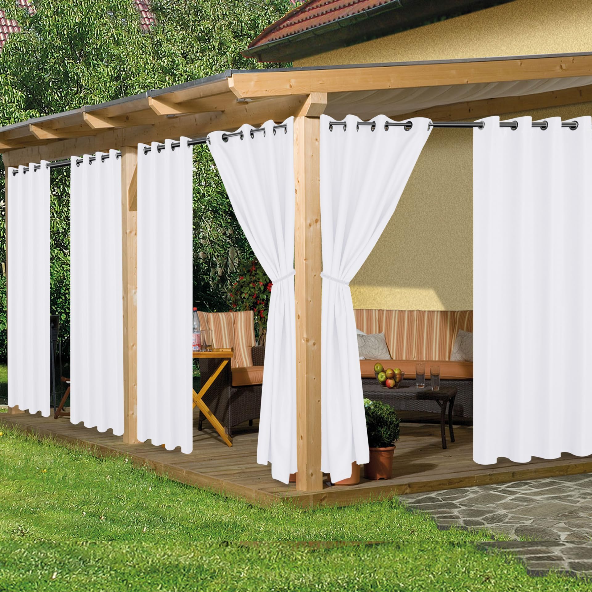 HolidayIdeas Outdoor Curtains for Patio Waterproof, 6 Panels - 54x84 Inches - Weatherproof Privacy Outsides Curtains for Cabana Porch Pergola, Sunlight & UV Blocking (Cream, Grommet Top)